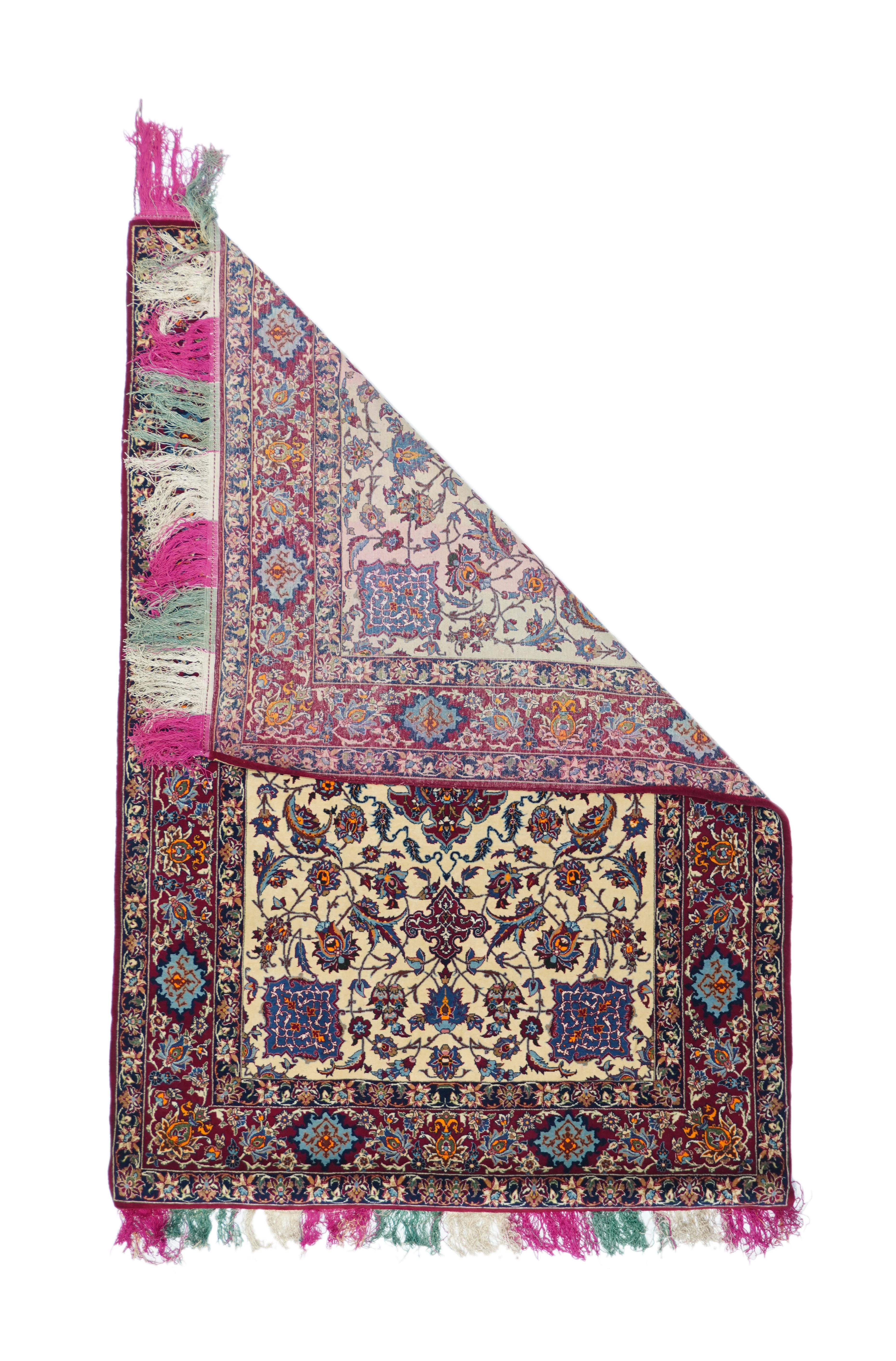 Vintage Isfahan Rug 3.4'' x 5'. This very finely knotted central Persian city workshop small scatter shows a rainbow-colored silk warp. The palette is characteristically modern Isfahan with a cream field, very dark red flaming lozenge medallion and