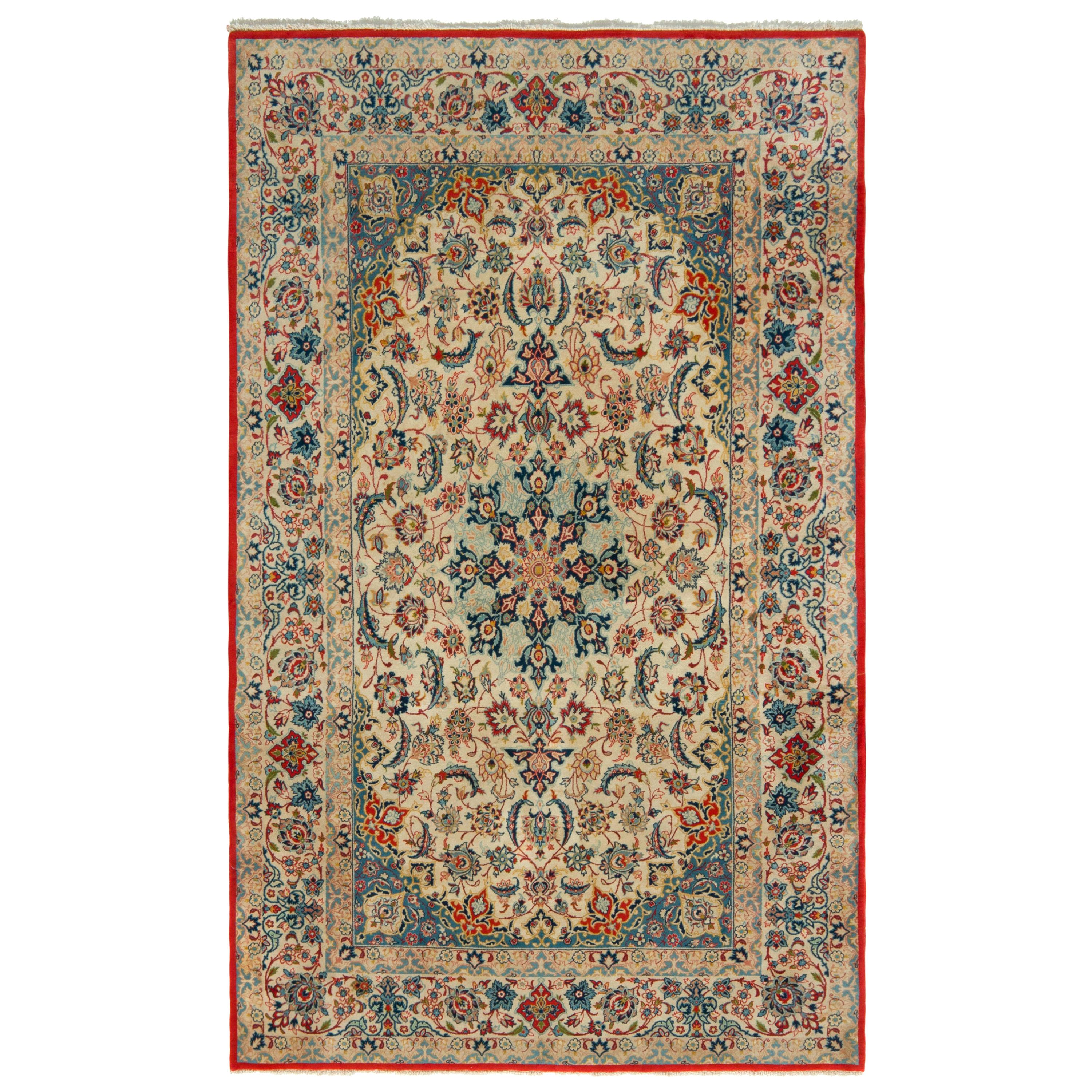 Vintage Isfahan Rug in Beige Blue and Red Persian Floral Pattern by Rug & Kilim For Sale