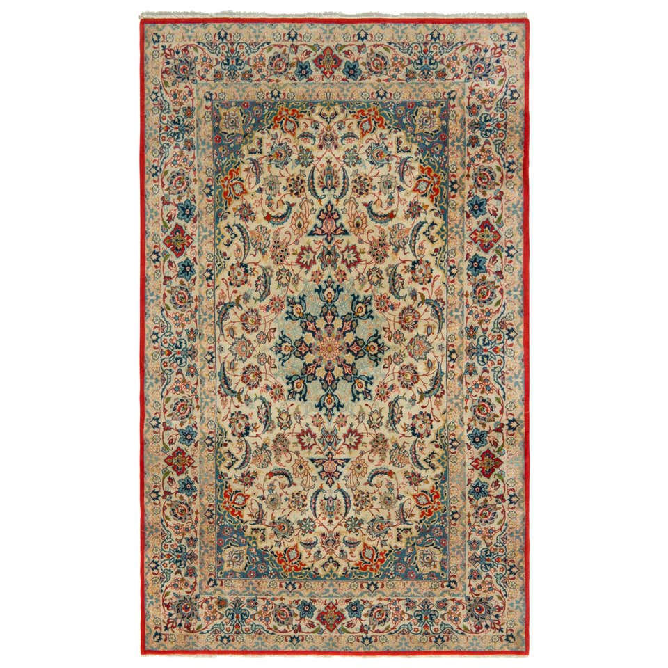 Vintage Fine Persian Isfahan Rug with Nature Motifs in Ivory, Blue ...