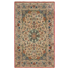Vintage Isfahan Rug in Beige Blue and Red Persian Floral Pattern