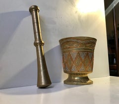 Vintage Islamic Bronze Mortar with Silver and Copper Inlay, Tunisia