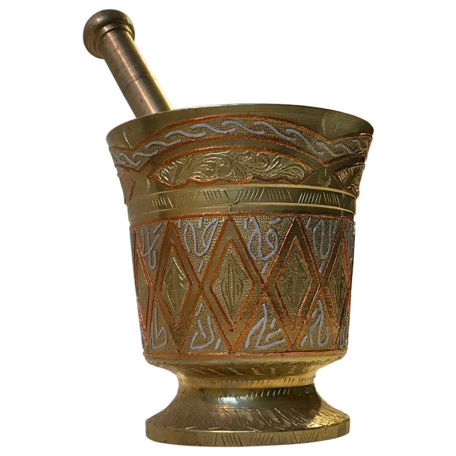 Vintage Islamic Bronze Mortar with Silver and Copper Inlay, Tunisia