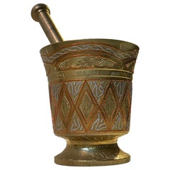 Retro Islamic Bronze Mortar with Silver and Copper Inlay, Tunisia