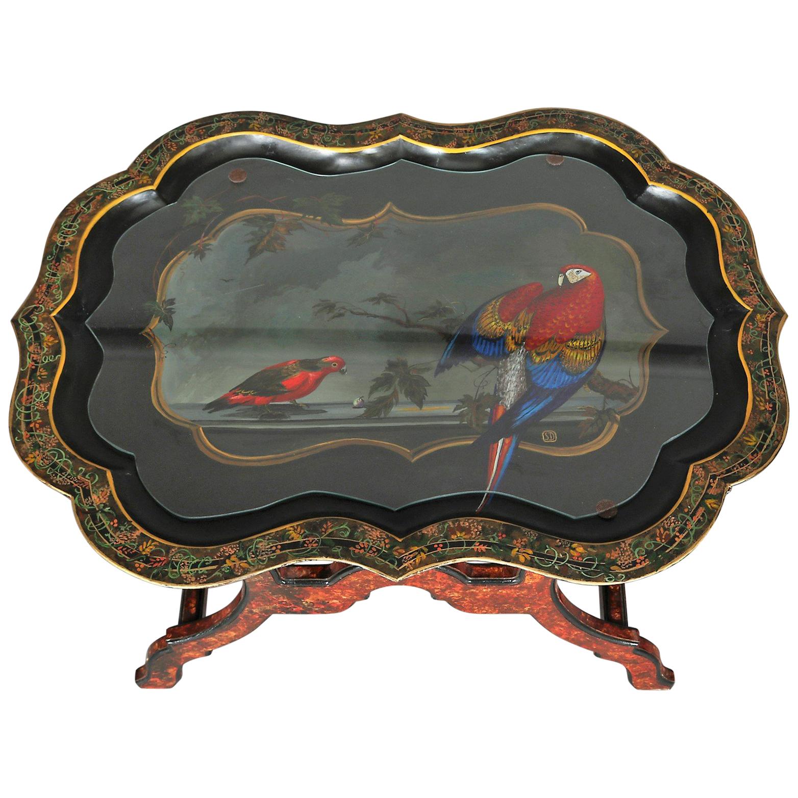 Vintage Island Scene Hand Painted and Gilt Toleware Tray Table, 20th Century