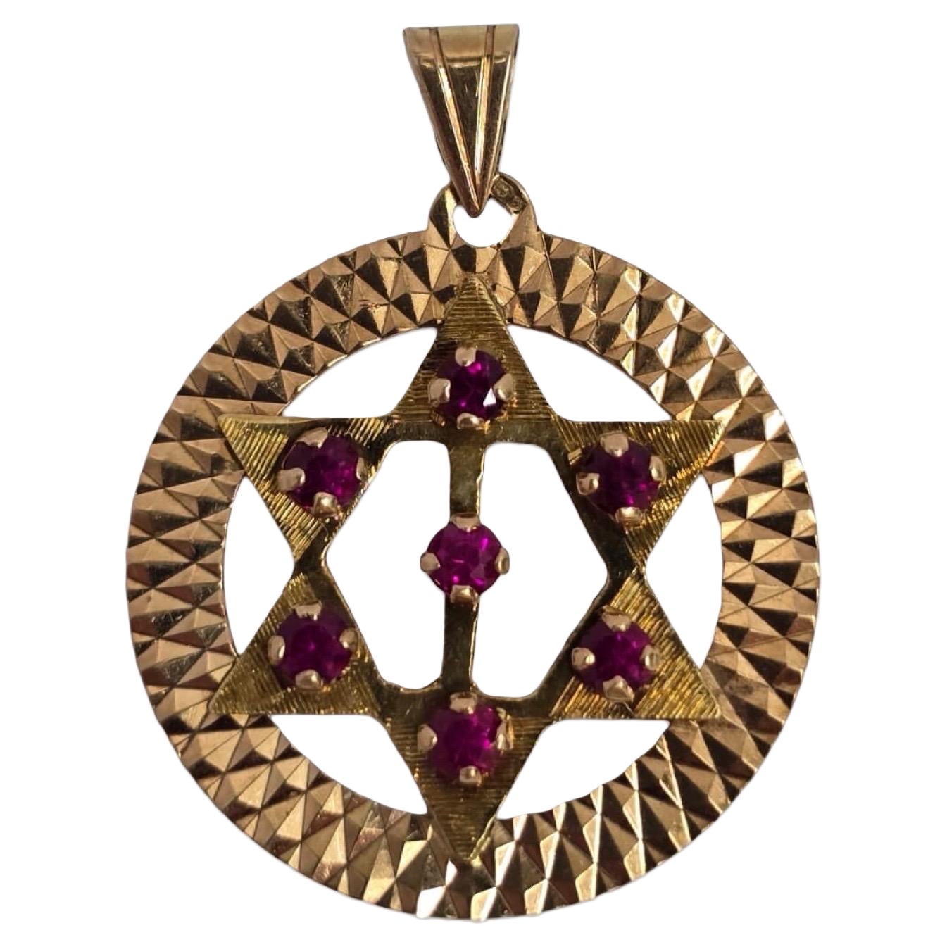 Vintage Israeli 14K Star of David Pendentif avec Rubis - Menorah Hallmark