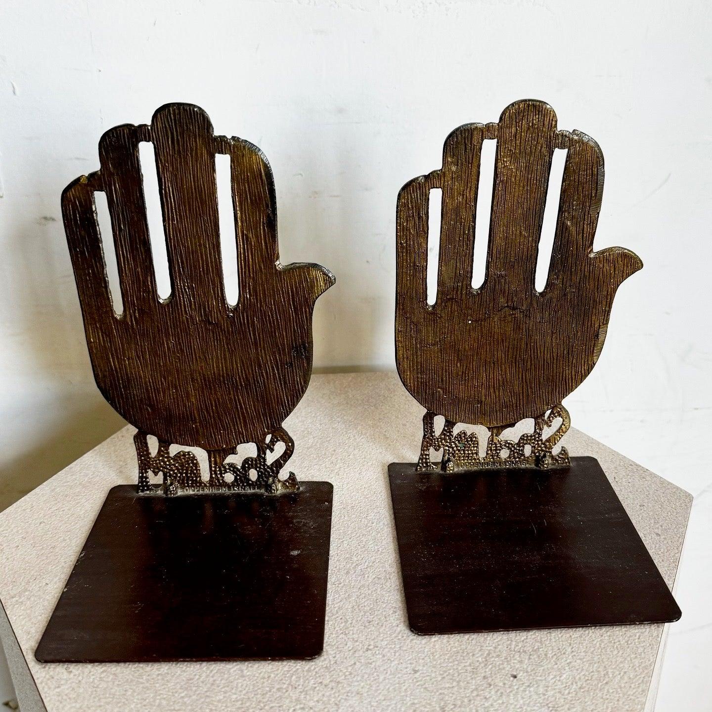 20th Century Vintage Israeli Brass Hamsa Shalom Salam Peace Bookends - A Pair For Sale