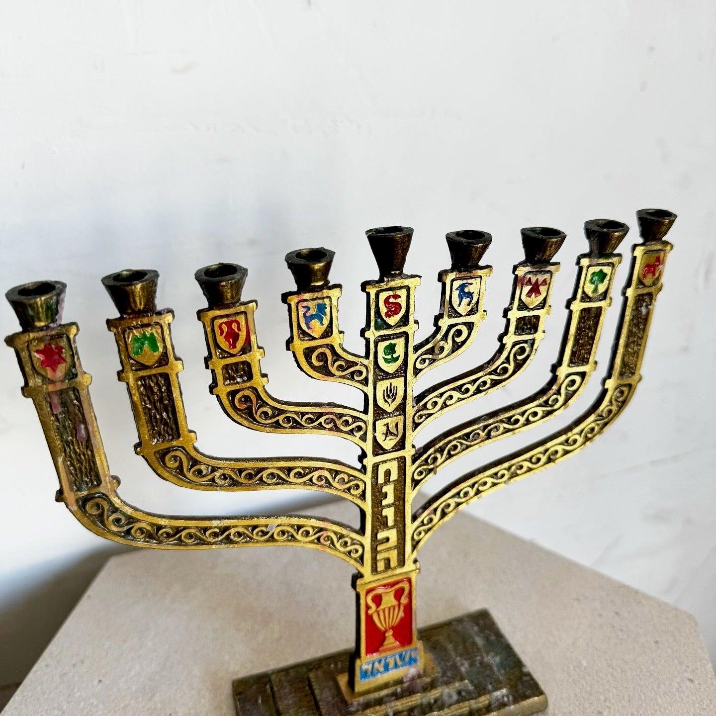 Vintage Israeli Brass Hand Painted “12 Tribes” Menorah/Chanukia by Ben-Holon In Good Condition In Delray Beach, FL