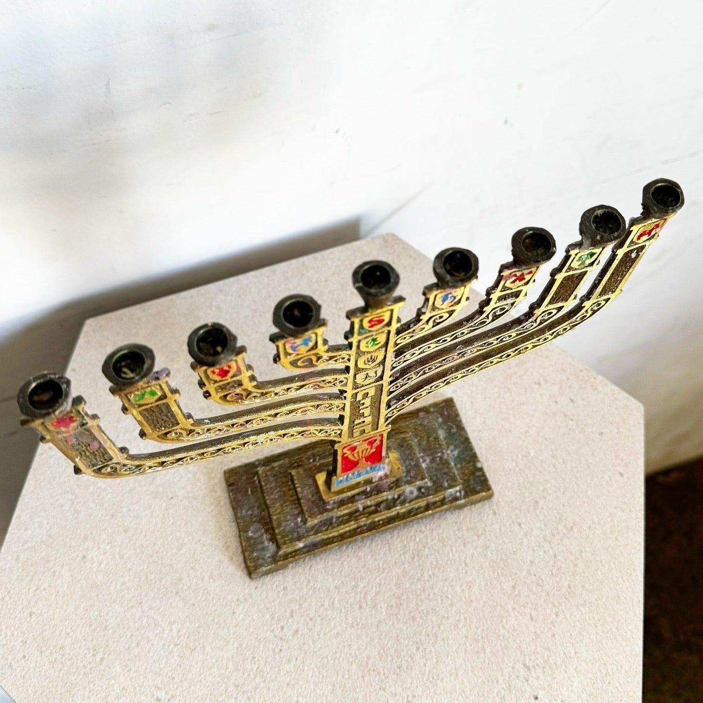 Late 20th Century Vintage Israeli Brass Hand Painted “12 Tribes” Menorah/Chanukia by Ben-Holon