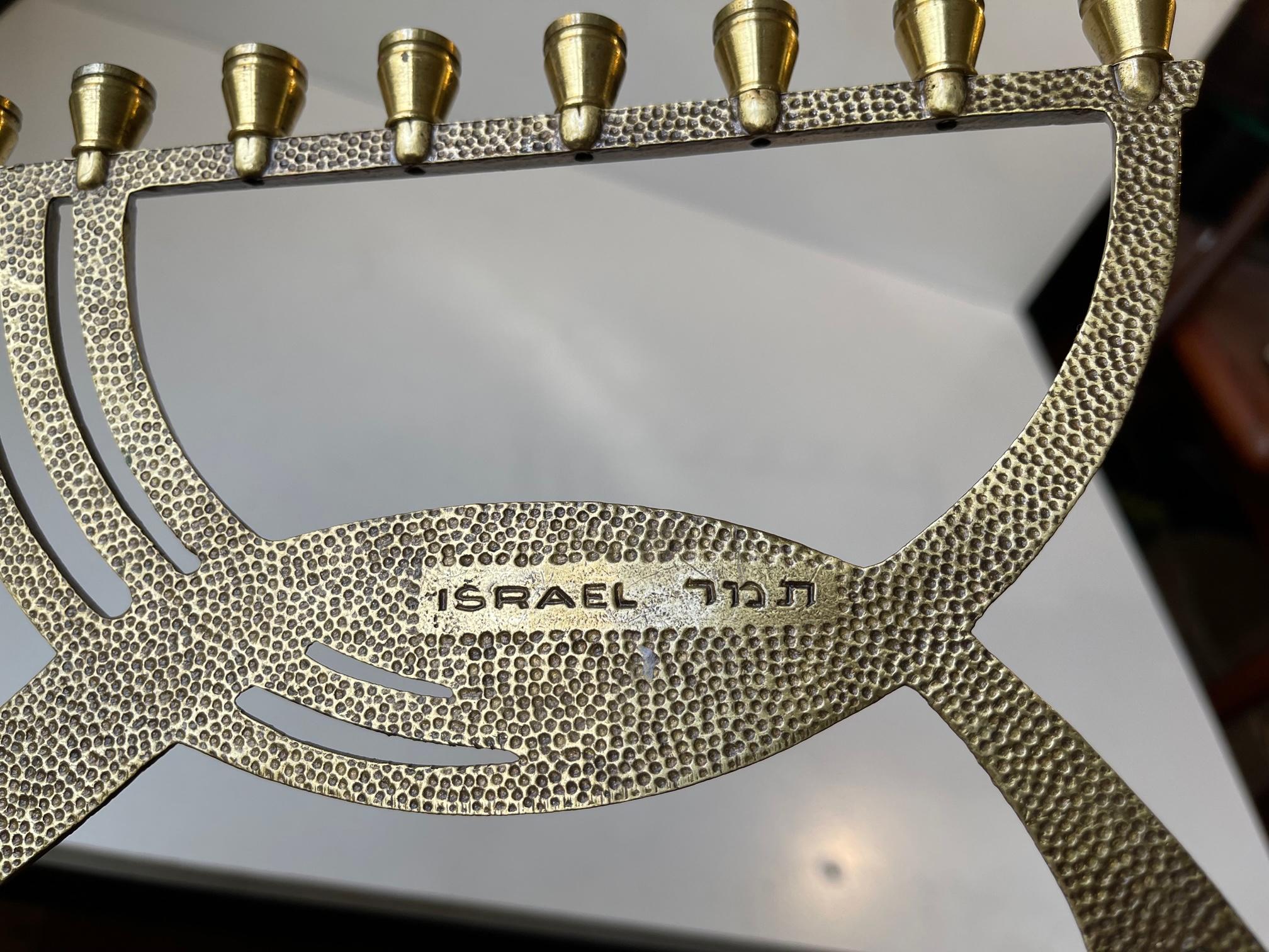 Mid-20th Century Vintage Israeli Brass Menorah Chanukah Candleholder with Turquoise Stone