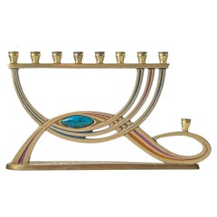 Vintage Israeli Brass Menorah Chanukah Candleholder with Turquoise Stone