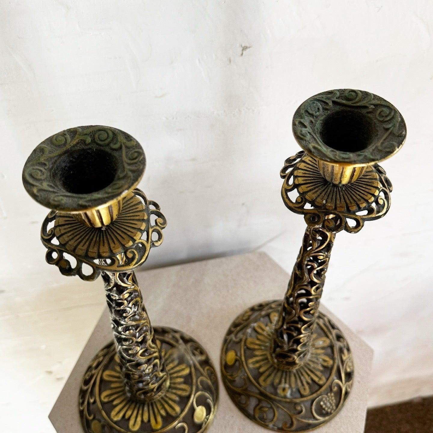 Late 20th Century Vintage Israeli Brass Shabbat Candle Candle Stick Holders by Oppenheim - a Pair For Sale