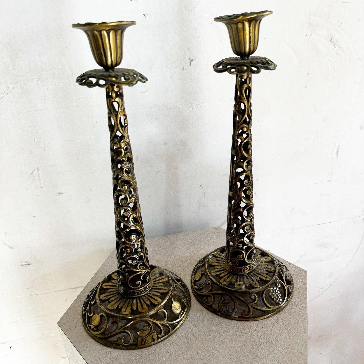 Vintage Israeli Brass Shabbat Candle Candle Stick Holders by Oppenheim - a Pair For Sale 2