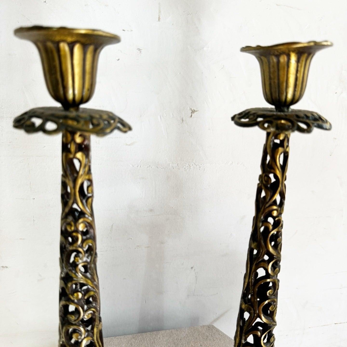 Vintage Israeli Brass Shabbat Candle Candle Stick Holders by Oppenheim - a Pair For Sale 4