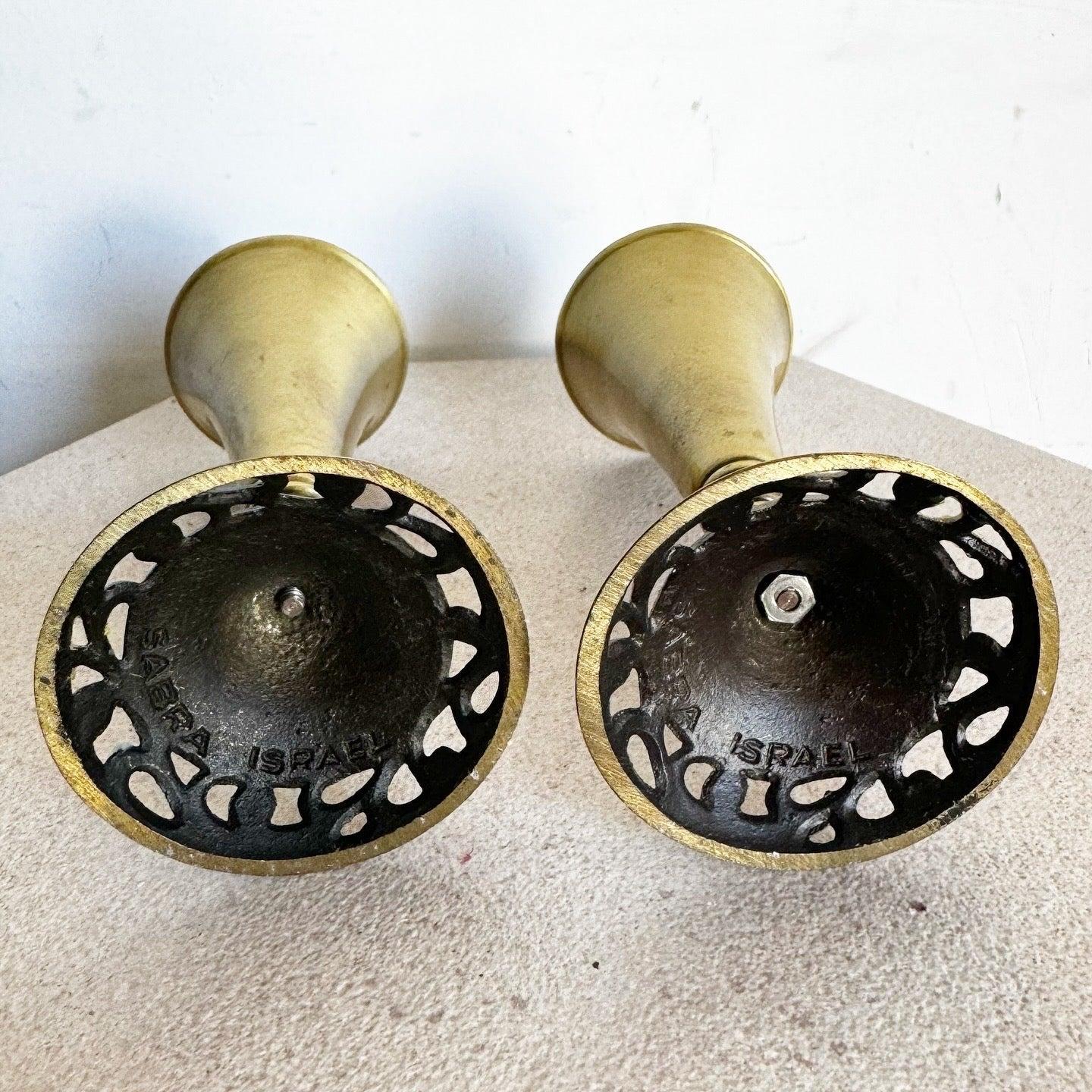 Vintage Israeli Brass Shabbat Candle Stick Holders - a Pair In Good Condition For Sale In Delray Beach, FL