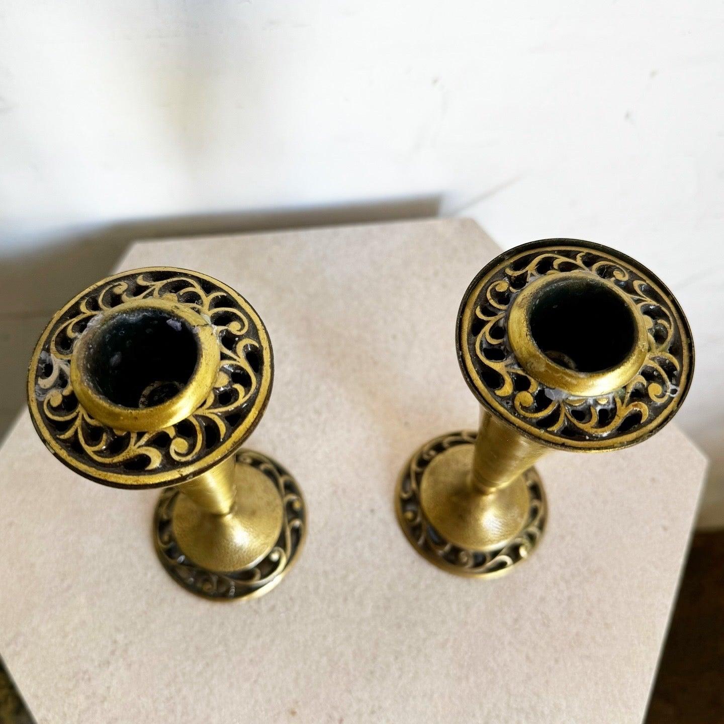 Late 20th Century Vintage Israeli Brass Shabbat Candle Stick Holders - a Pair For Sale