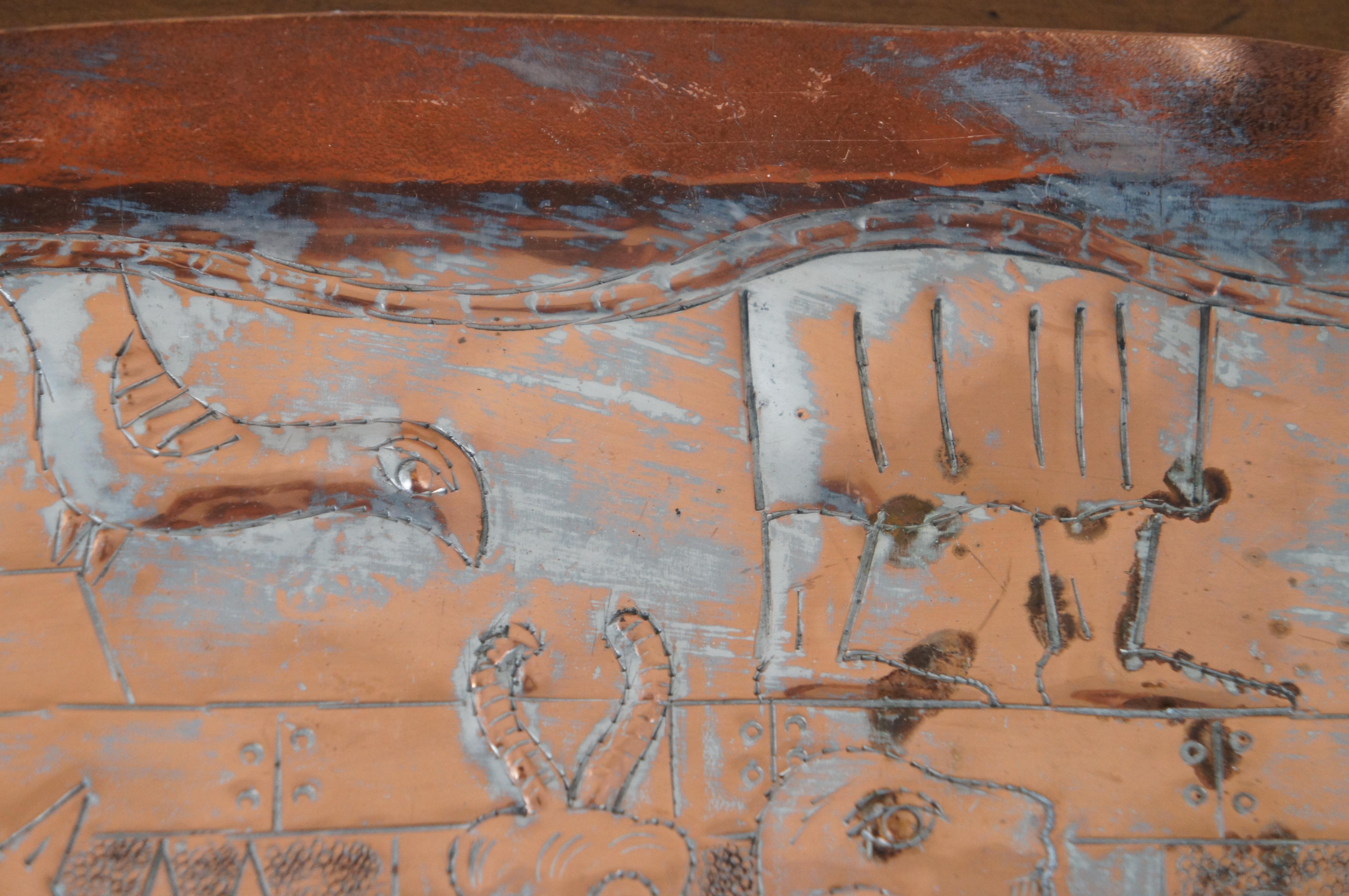 Vintage Israeli Messica Eetched Copper Noahs Ark Animal Tray Platter Judaica 5