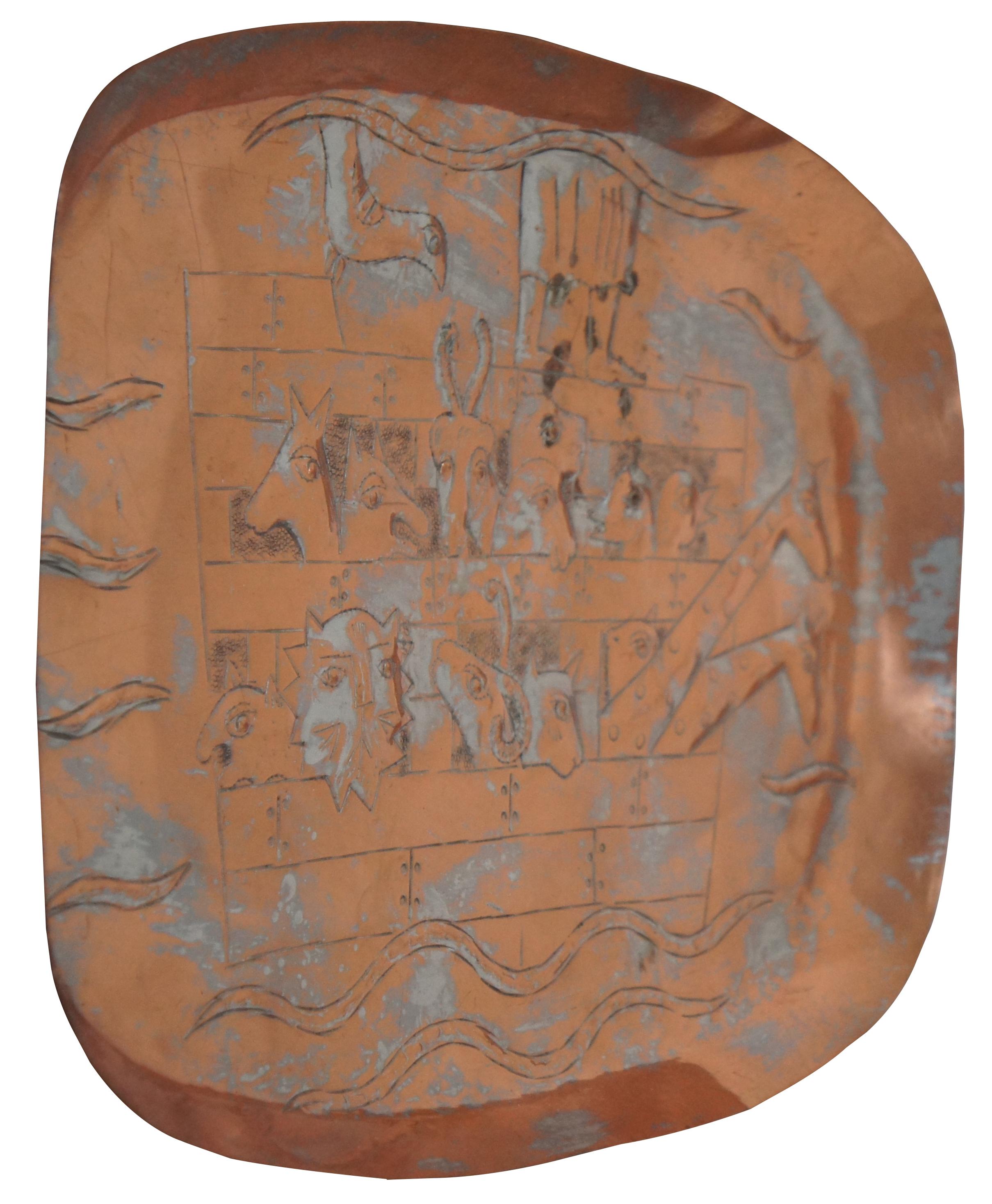 Rustic Vintage Israeli Messica Eetched Copper Noahs Ark Animal Tray Platter Judaica For Sale