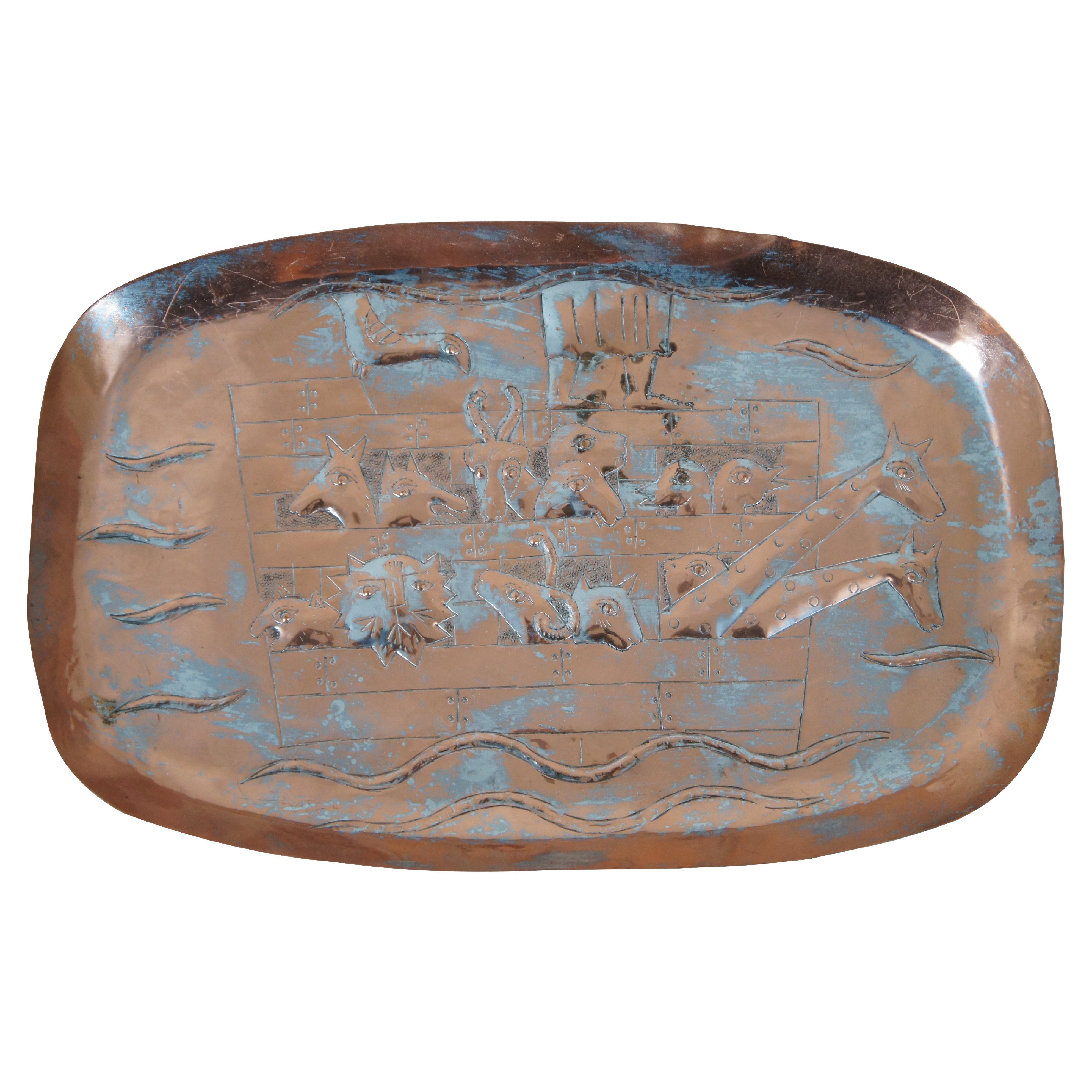 Vintage Israeli Messica Eetched Copper Noahs Ark Animal Tray Platter Judaica For Sale