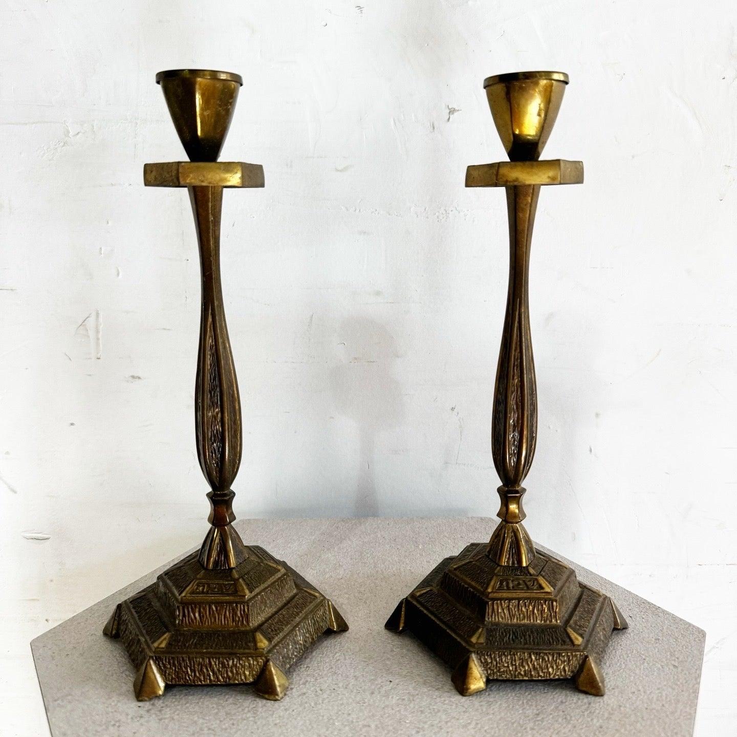 Vintage Israeli Sabra Brass Shabbat Candle Candle Stick Holders - a Pair 3