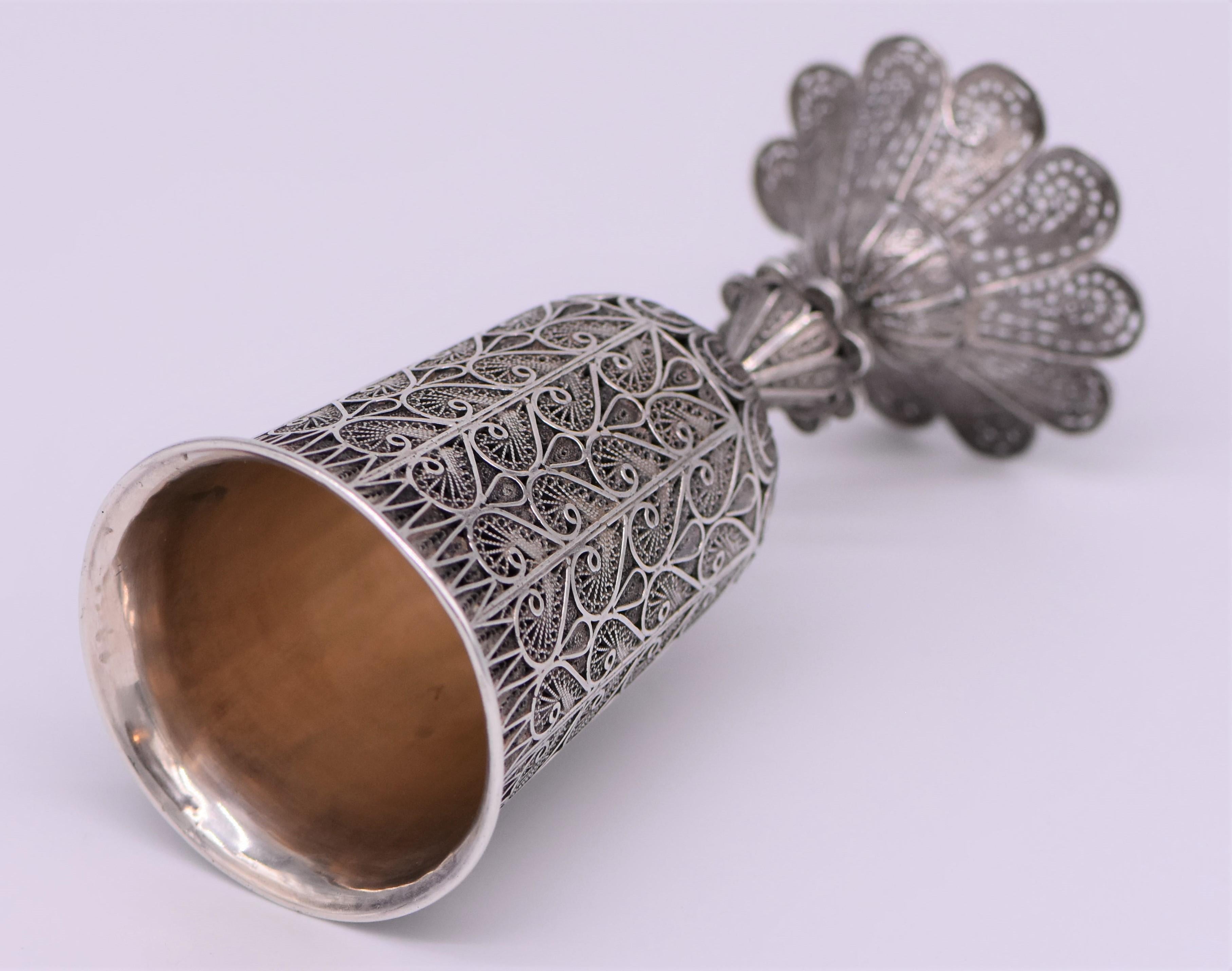 Vintage Israeli Silver and Silver Filigree Kiddush or Holidays Goblet In Excellent Condition In New York, NY