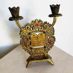 Vintage Israeli Wainberg Brass 10 Commandments/Luchot Shabbat Candles Candelabra