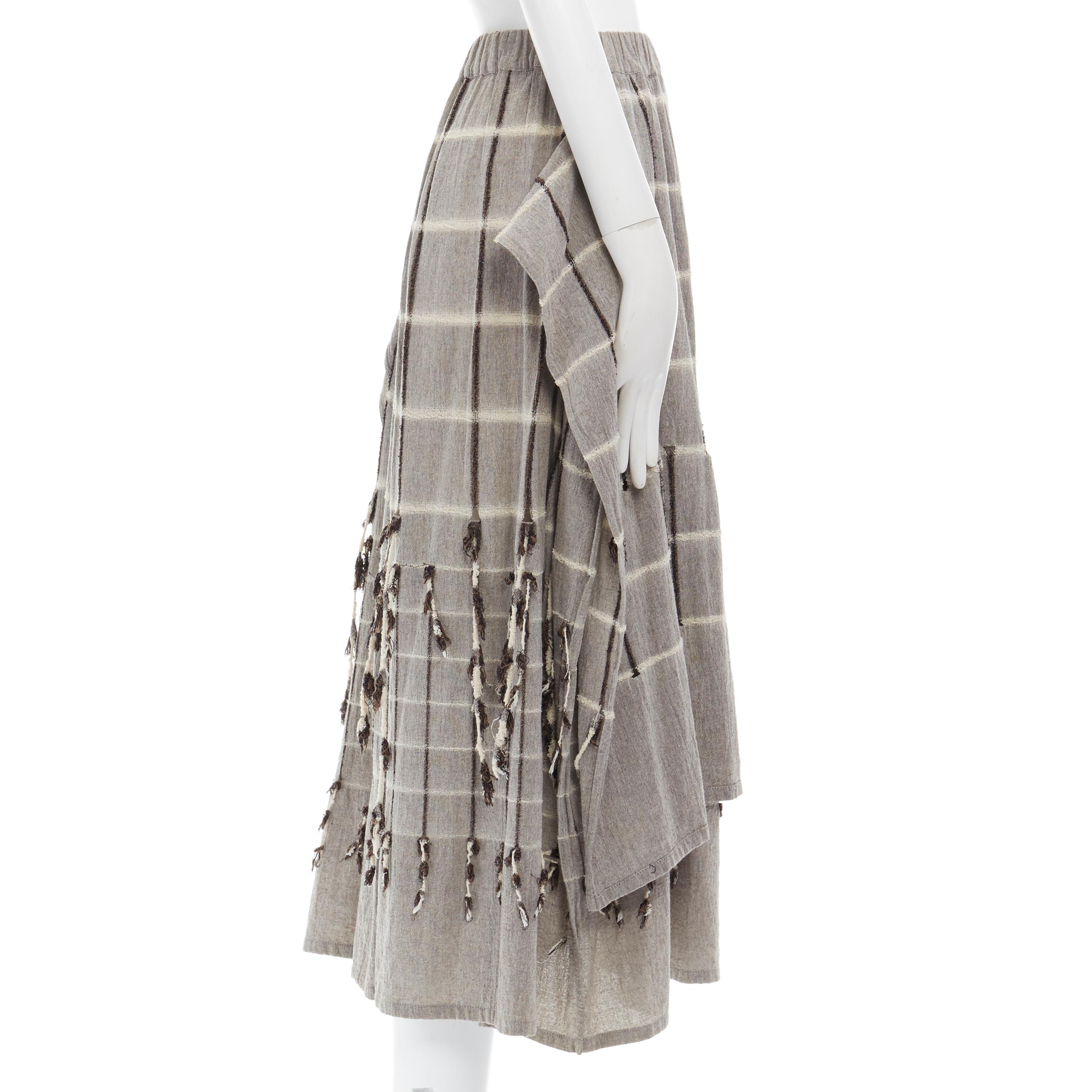 Gray vintage ISSEY MIYAKE 1980 light grey checked paneled side fringe layered skirt M