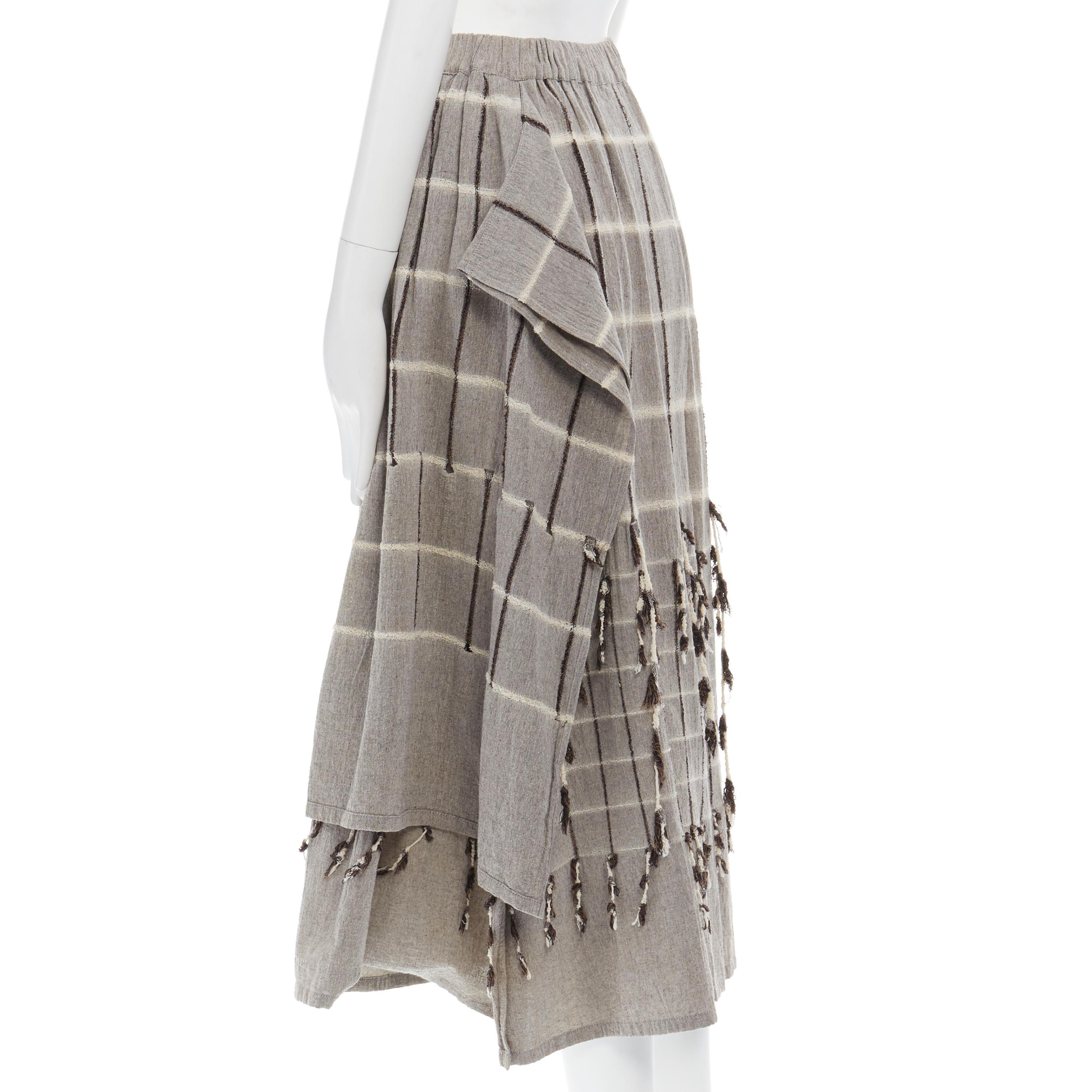 vintage ISSEY MIYAKE 1980 light grey checked paneled side fringe layered skirt M In Good Condition In Hong Kong, NT