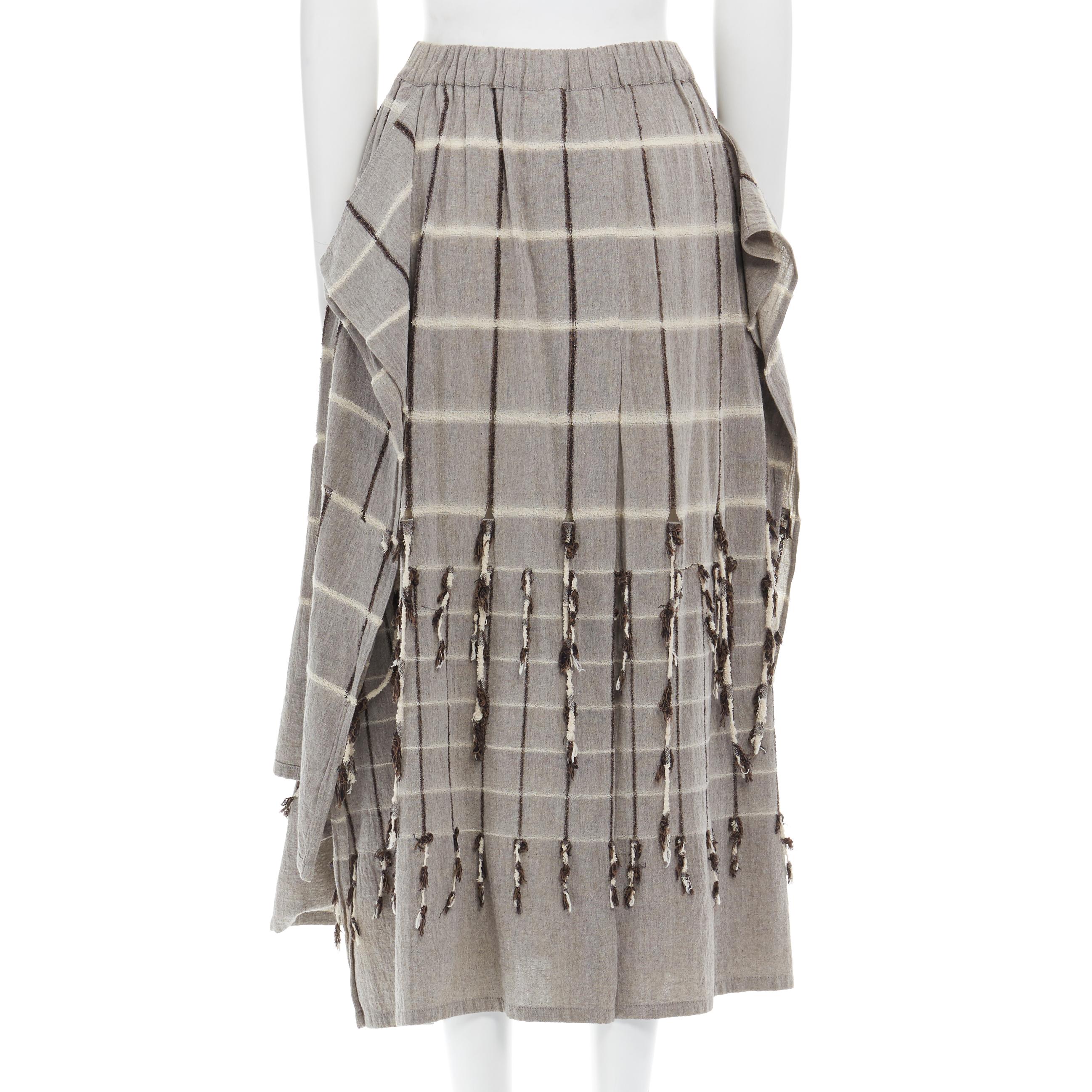 Women's vintage ISSEY MIYAKE 1980 light grey checked paneled side fringe layered skirt M