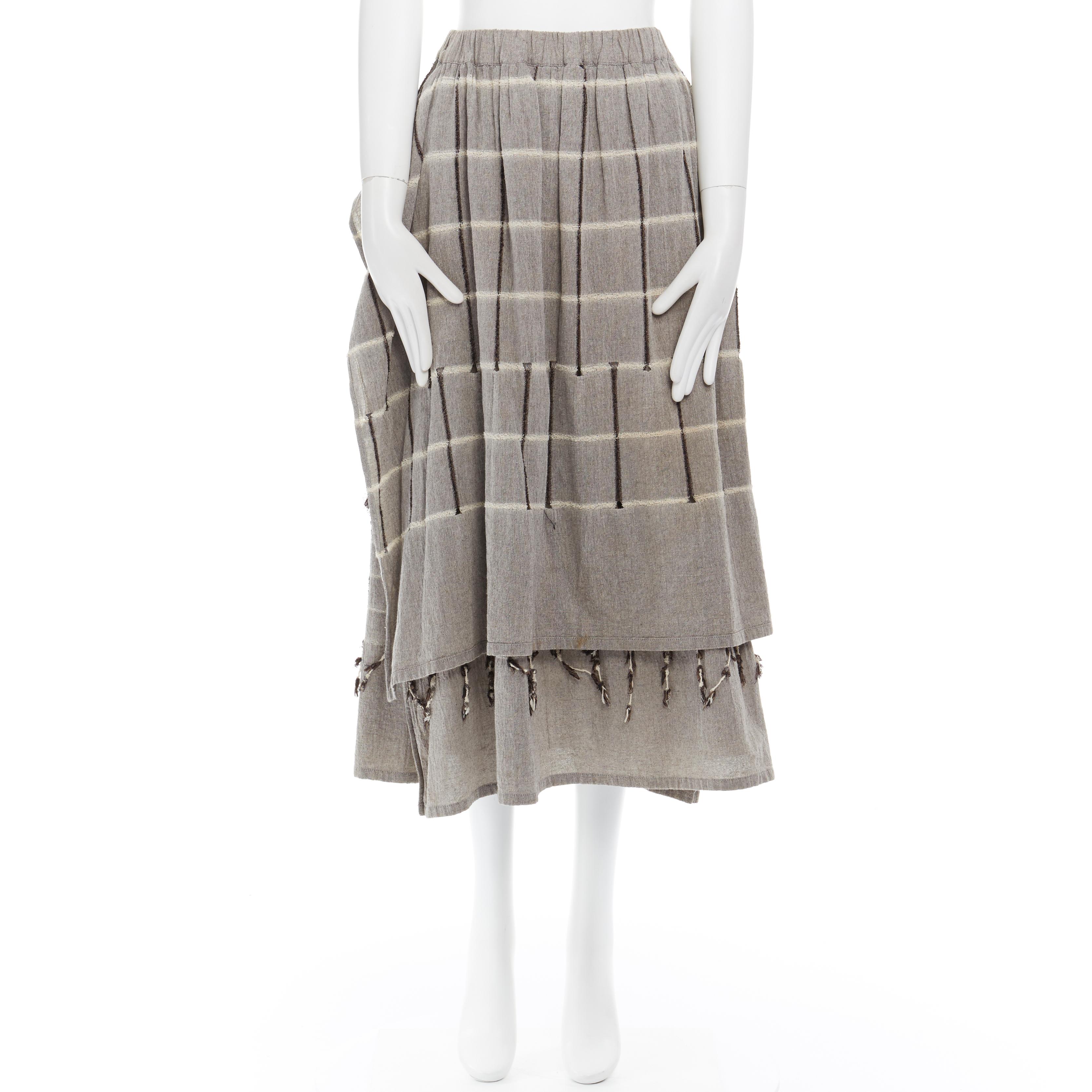 vintage ISSEY MIYAKE 1980 light grey checked paneled side fringe layered skirt M 1
