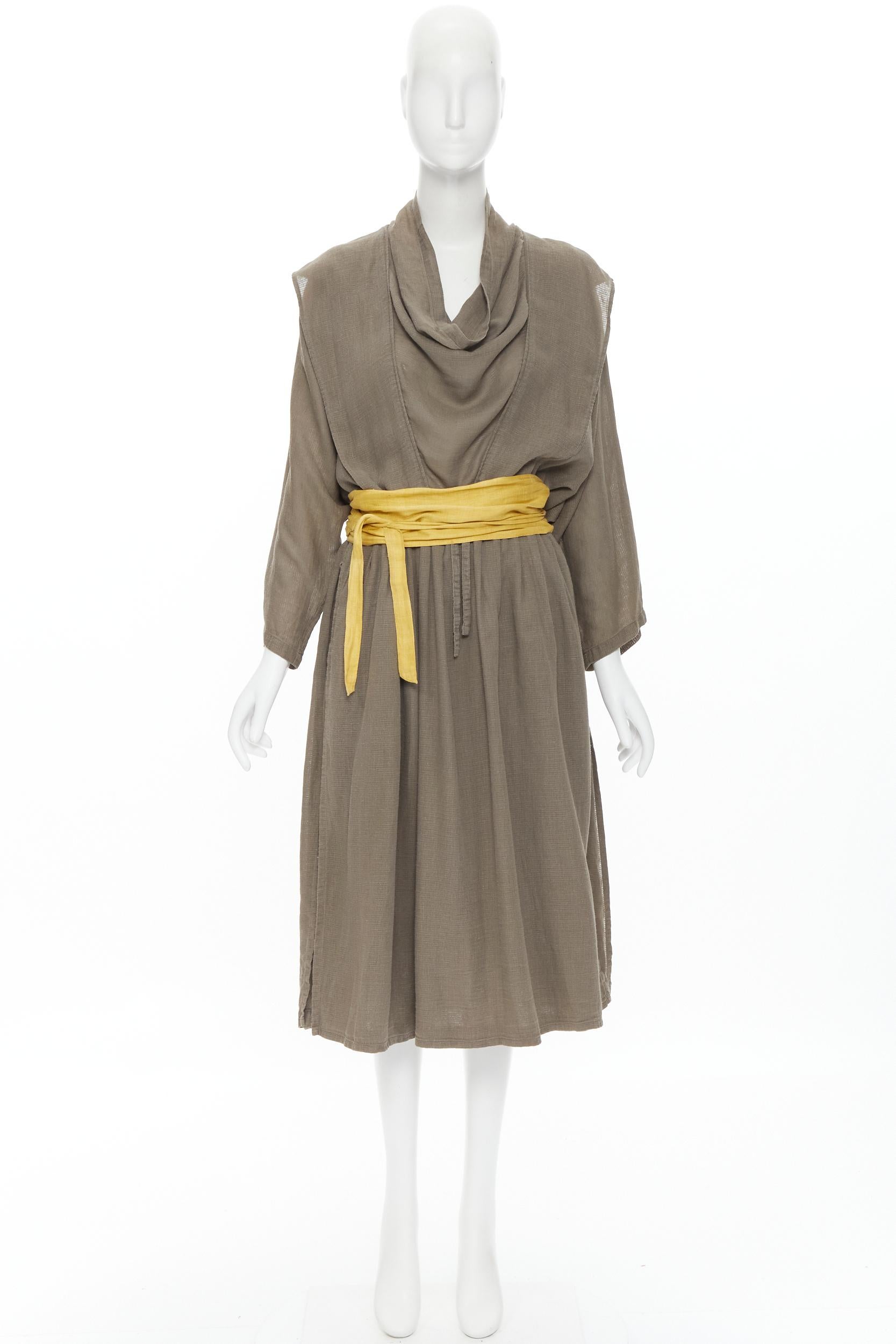 vintage ISSEY MIYAKE 1980's beige linen yellow obi belt cowl neck dress M rare For Sale 6