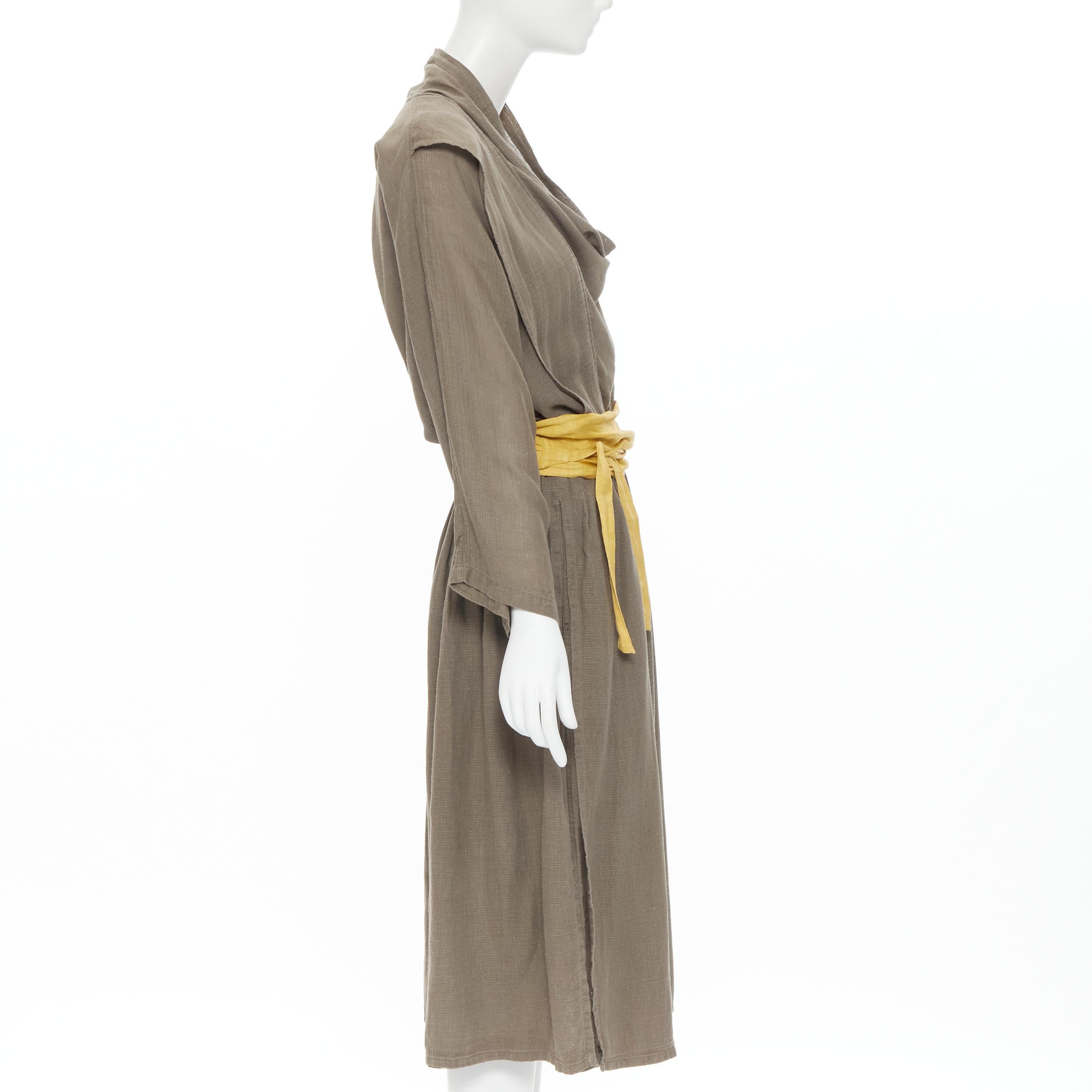 Gray vintage ISSEY MIYAKE 1980's beige linen yellow obi belt cowl neck dress M rare For Sale