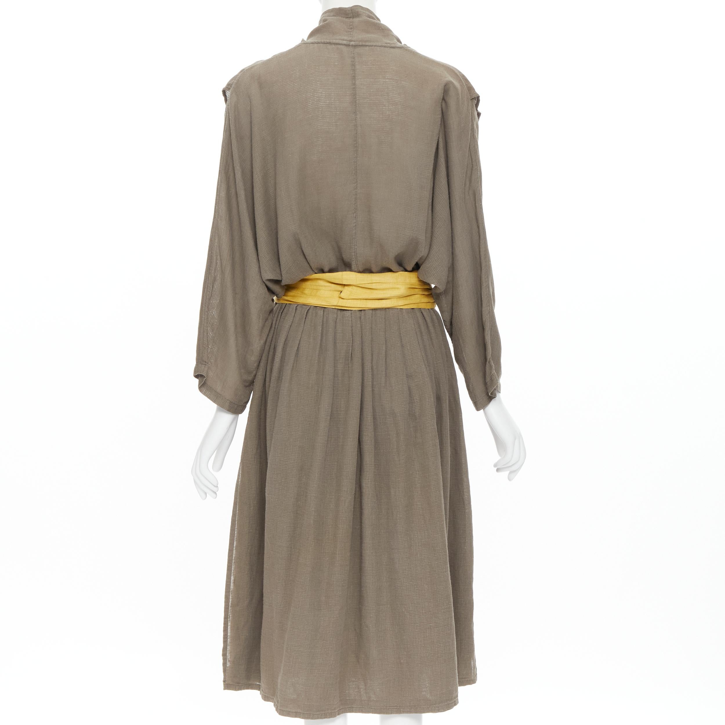 vintage ISSEY MIYAKE 1980's beige linen yellow obi belt cowl neck dress M rare In Excellent Condition For Sale In Hong Kong, NT
