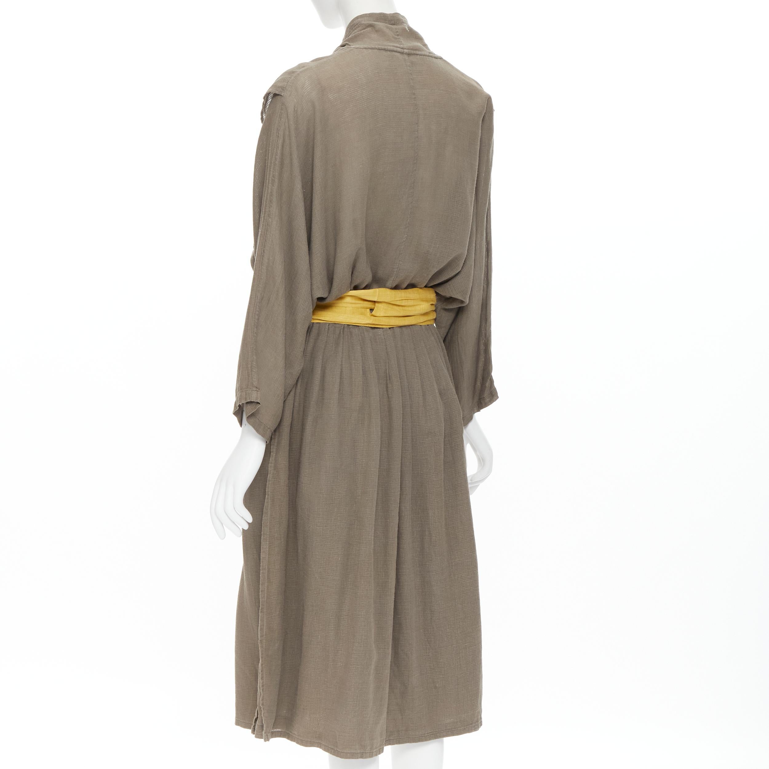 Women's vintage ISSEY MIYAKE 1980's beige linen yellow obi belt cowl neck dress M rare For Sale