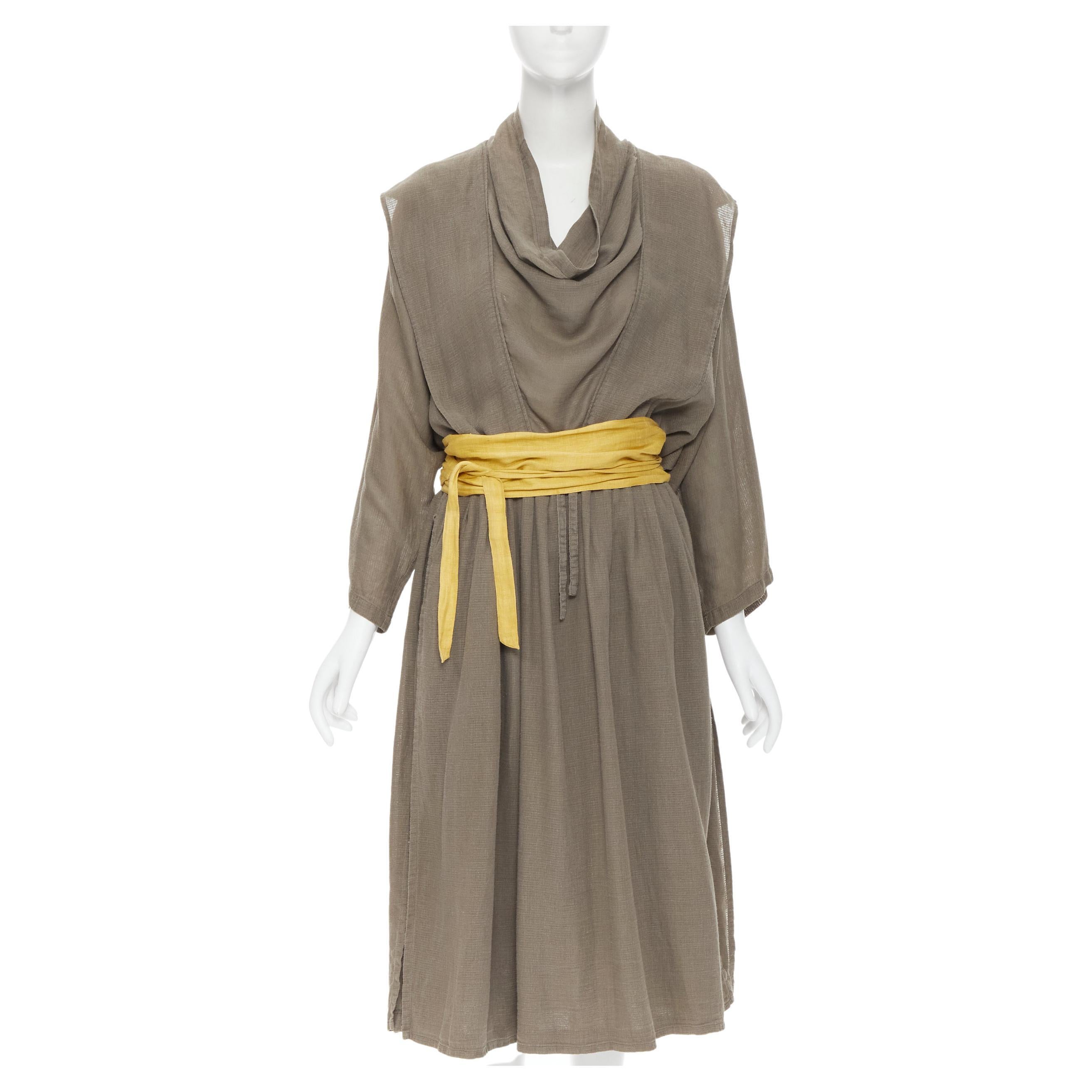 vintage ISSEY MIYAKE 1980's beige linen yellow obi belt cowl neck dress M rare For Sale
