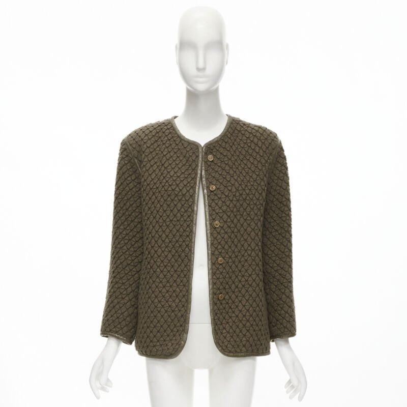 vintage ISSEY MIYAKE 1980's brown waffle textured cloque leather trim jacket M For Sale 4