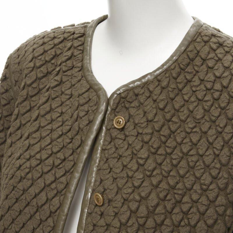 vintage ISSEY MIYAKE 1980's brown waffle textured cloque leather trim jacket M For Sale 1