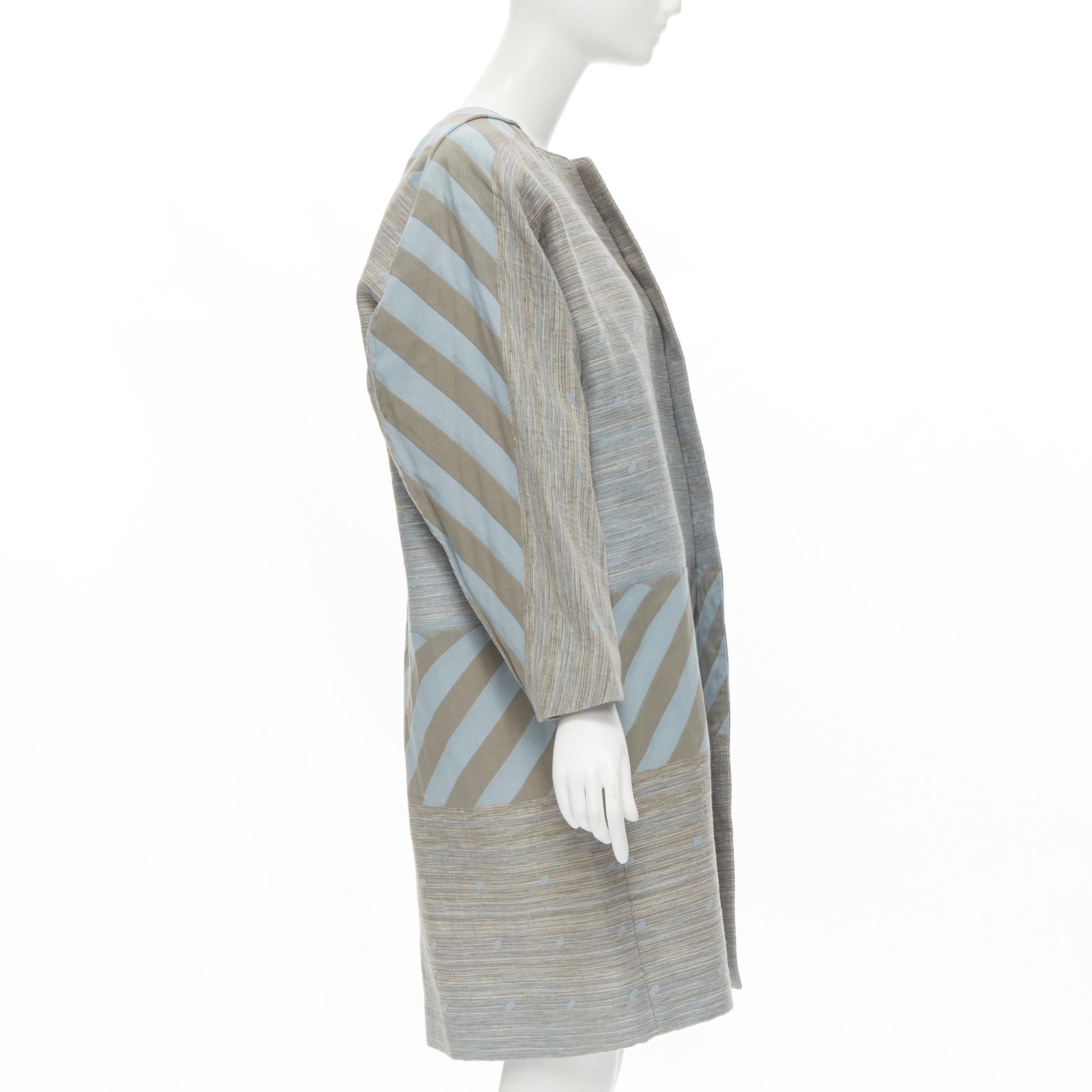 Gray vintage ISSEY MIYAKE 1980's grey sky blue geometric stripe jacquard cocoon coat  For Sale