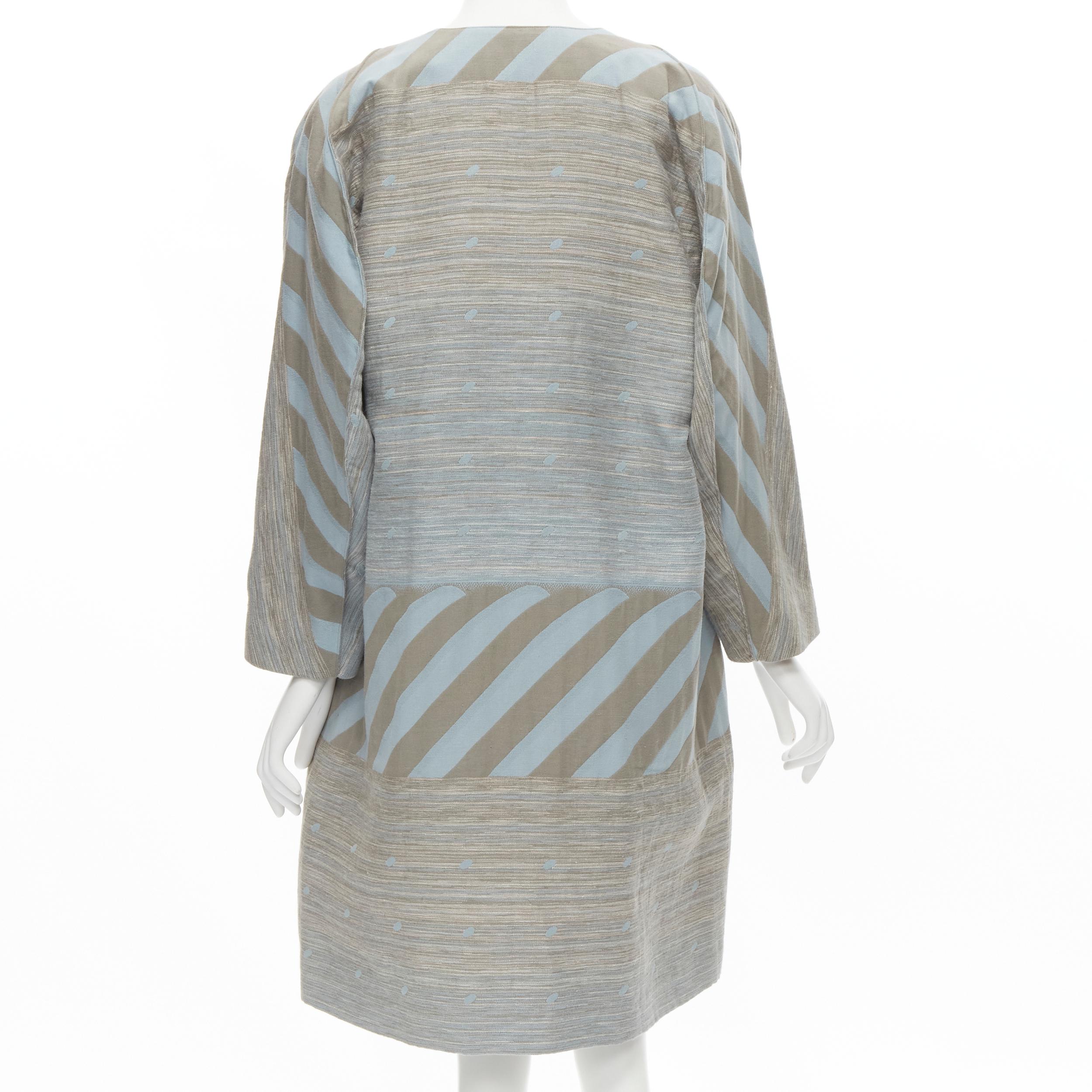 vintage ISSEY MIYAKE 1980's grey sky blue geometric stripe jacquard cocoon coat  In Excellent Condition For Sale In Hong Kong, NT