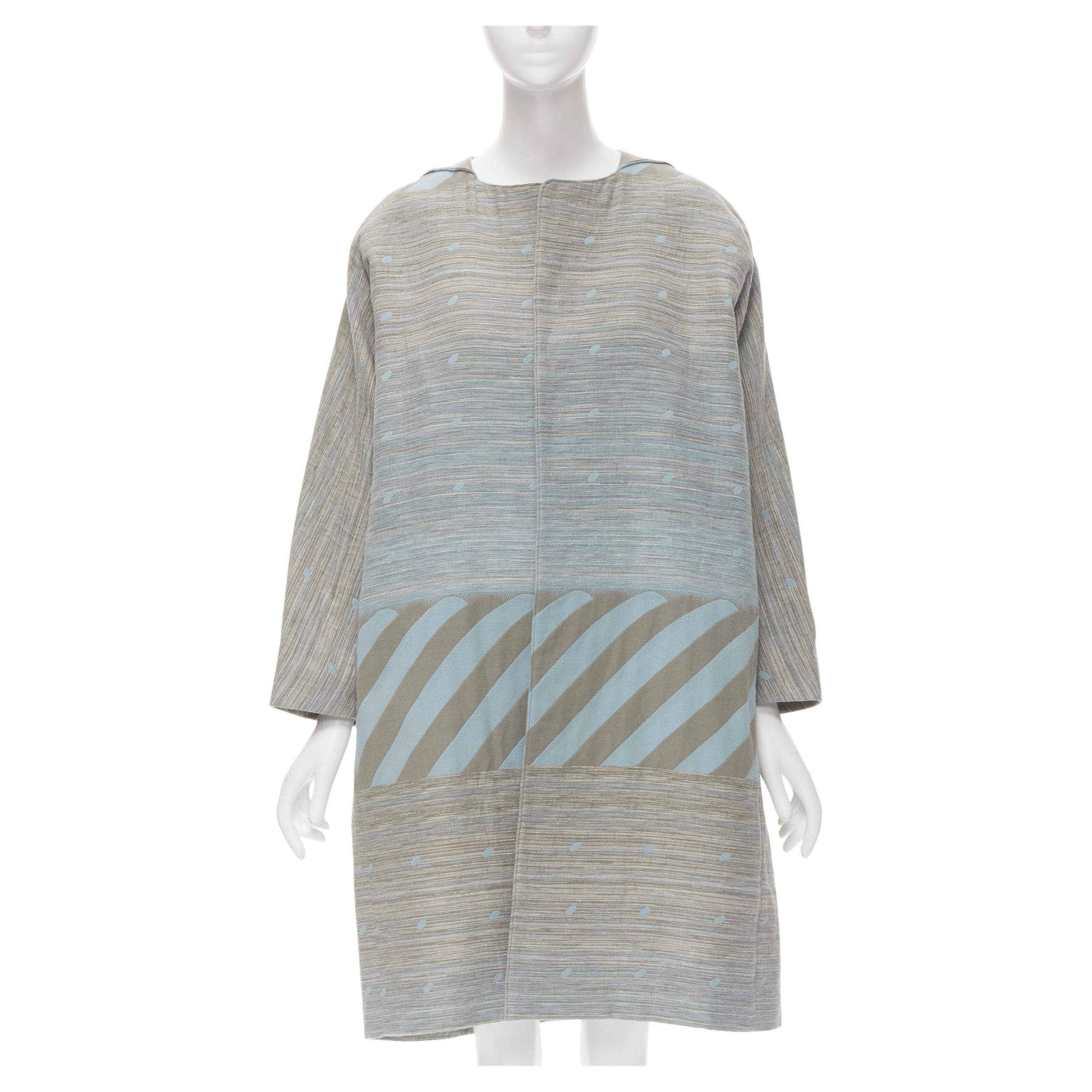 vintage ISSEY MIYAKE 1980's grey sky blue geometric stripe jacquard cocoon coat  For Sale