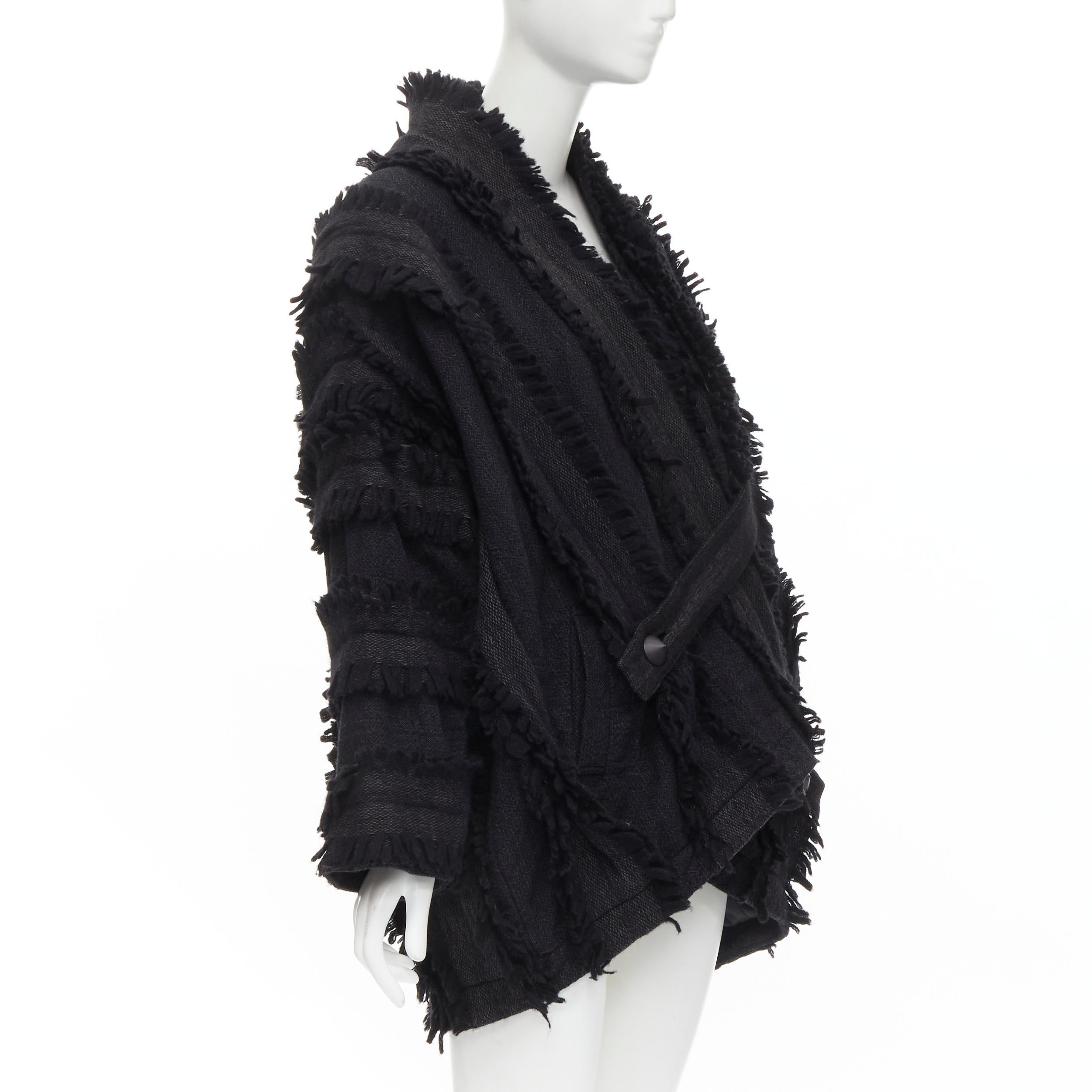 Black vintage ISSEY MIYAKE 1980's grey wool fringe trimmed oversized cocoon coat M For Sale