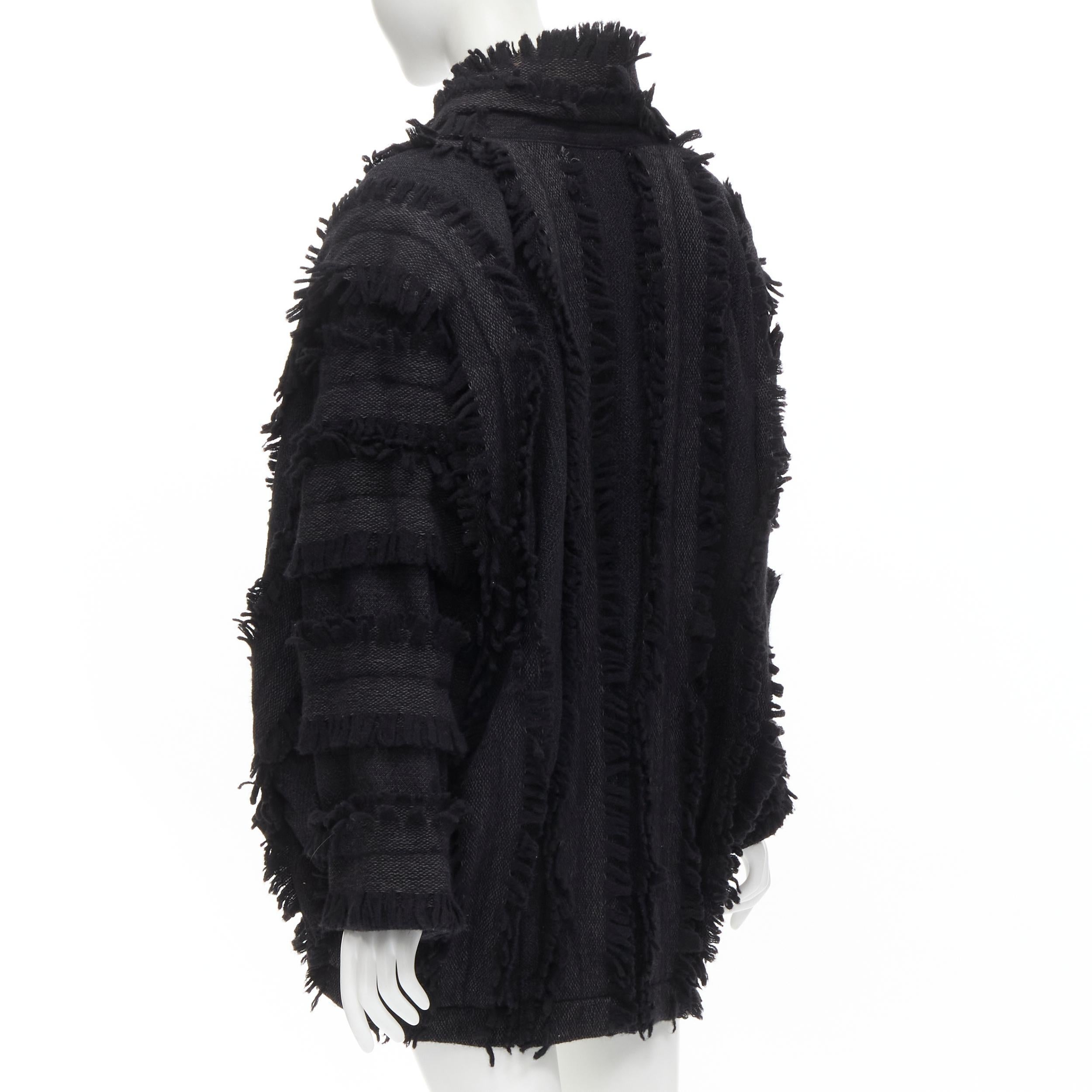 Black vintage ISSEY MIYAKE 1980's grey wool fringe trimmed oversized cocoon coat M