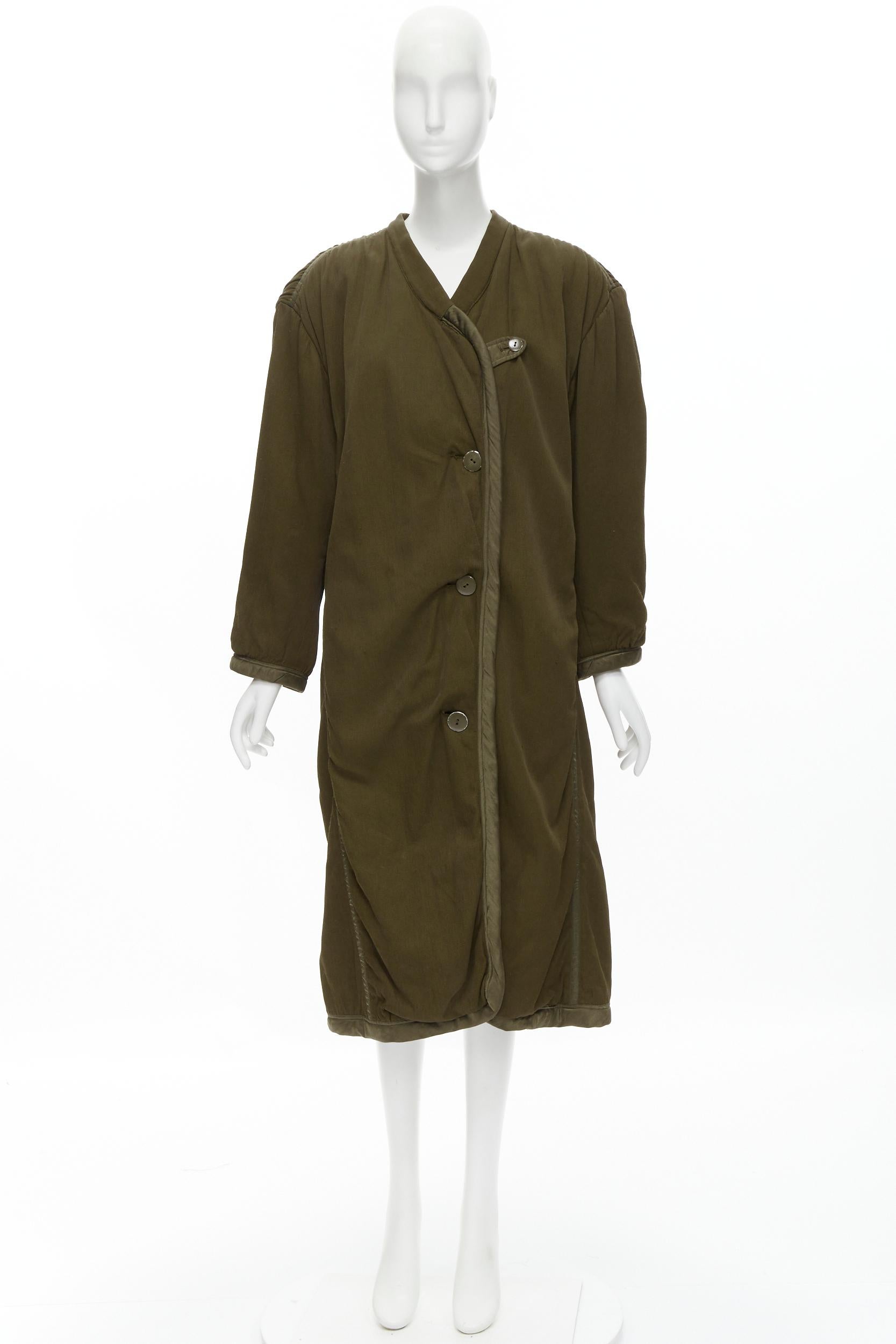 vintage ISSEY MIYAKE 1980's khaki green padded shoulder boxy oversized coat M For Sale 6
