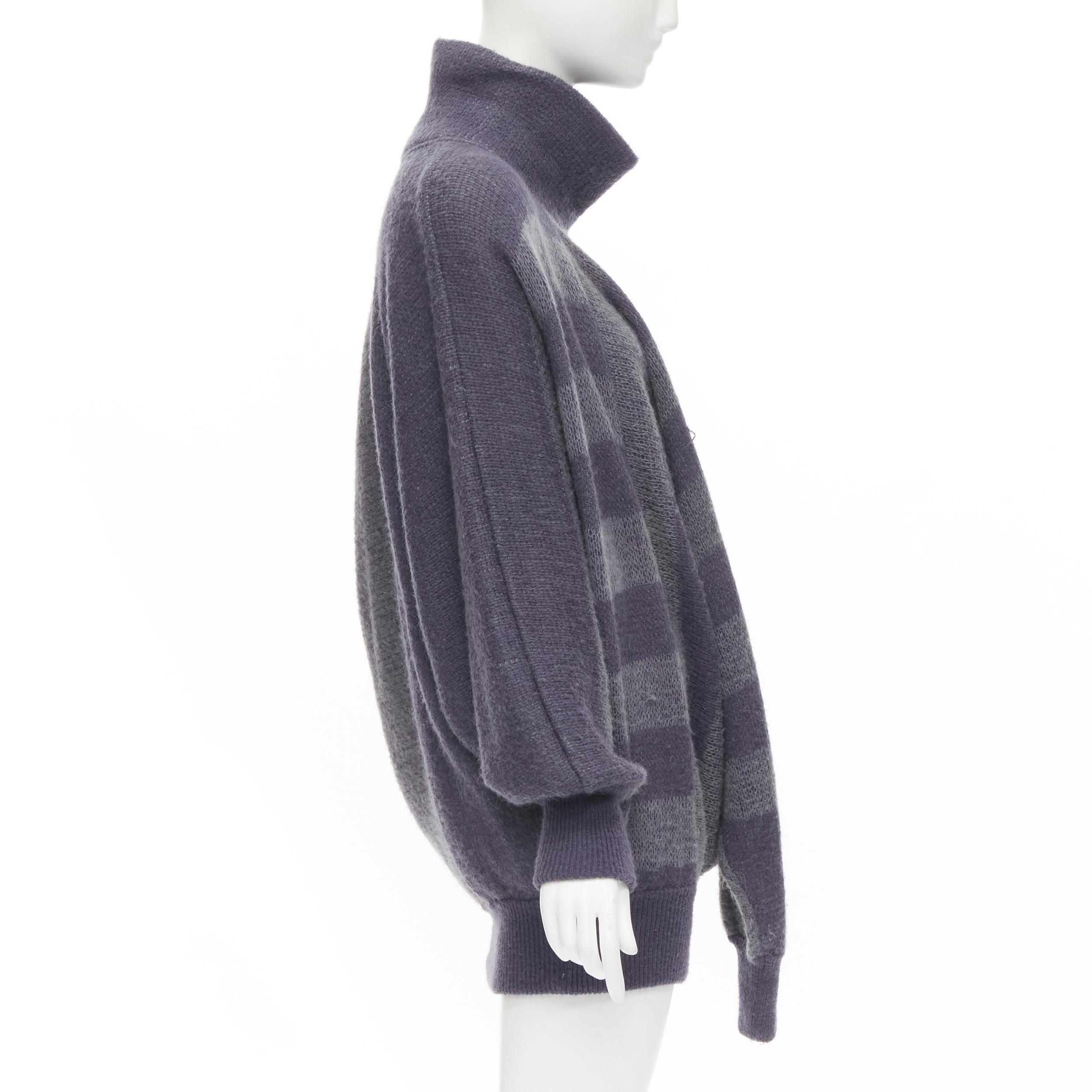 Gray vintage ISSEY MIYAKE 1980s purple striped 3 sleeve draped turtleneck sweater dre For Sale