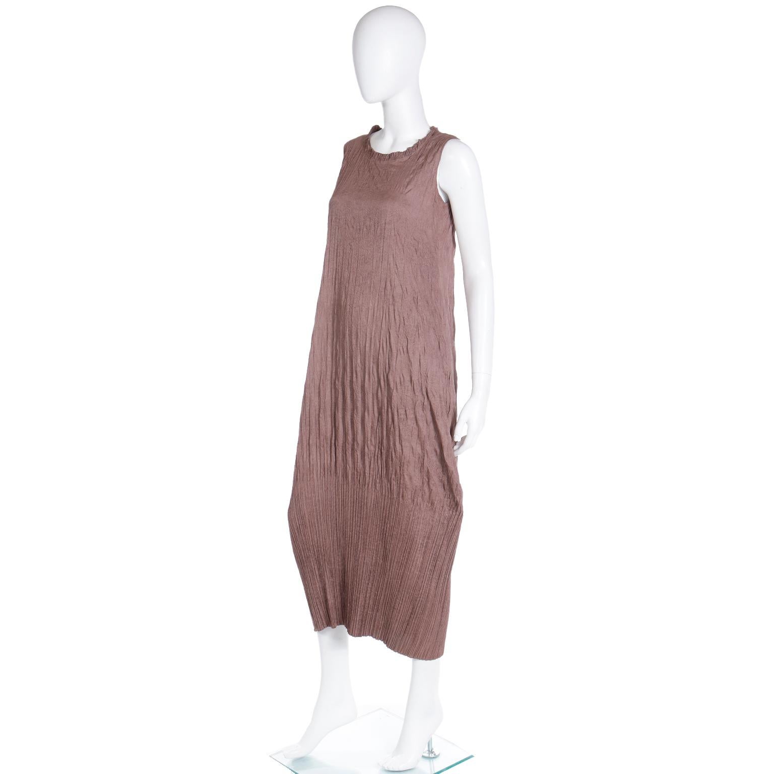 Vintage Issey Miyake Brown Crinkled Pleated Sleeveless Dress For Sale 1