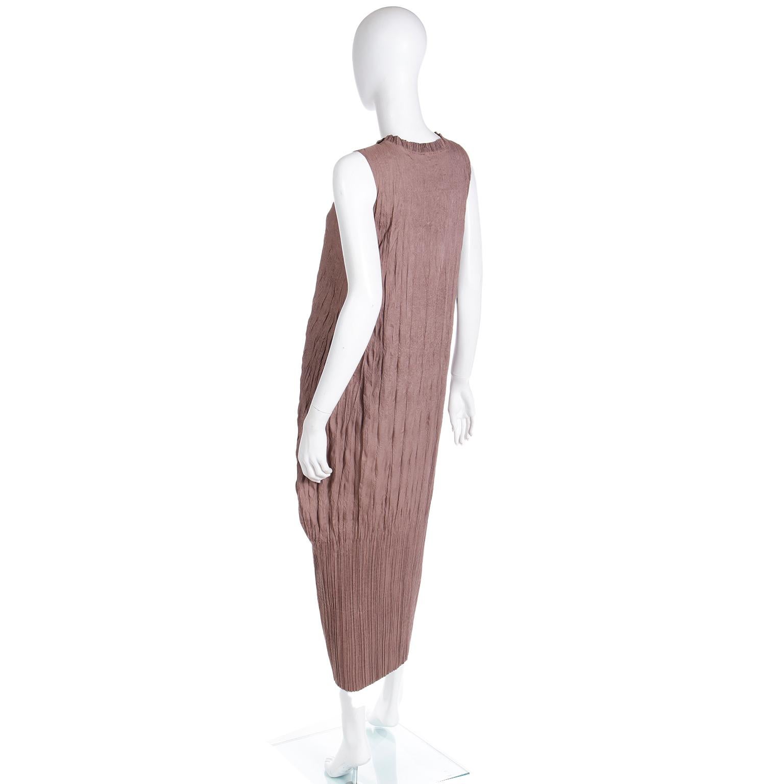 Vintage Issey Miyake Brown Crinkled Pleated Sleeveless Dress For Sale 2