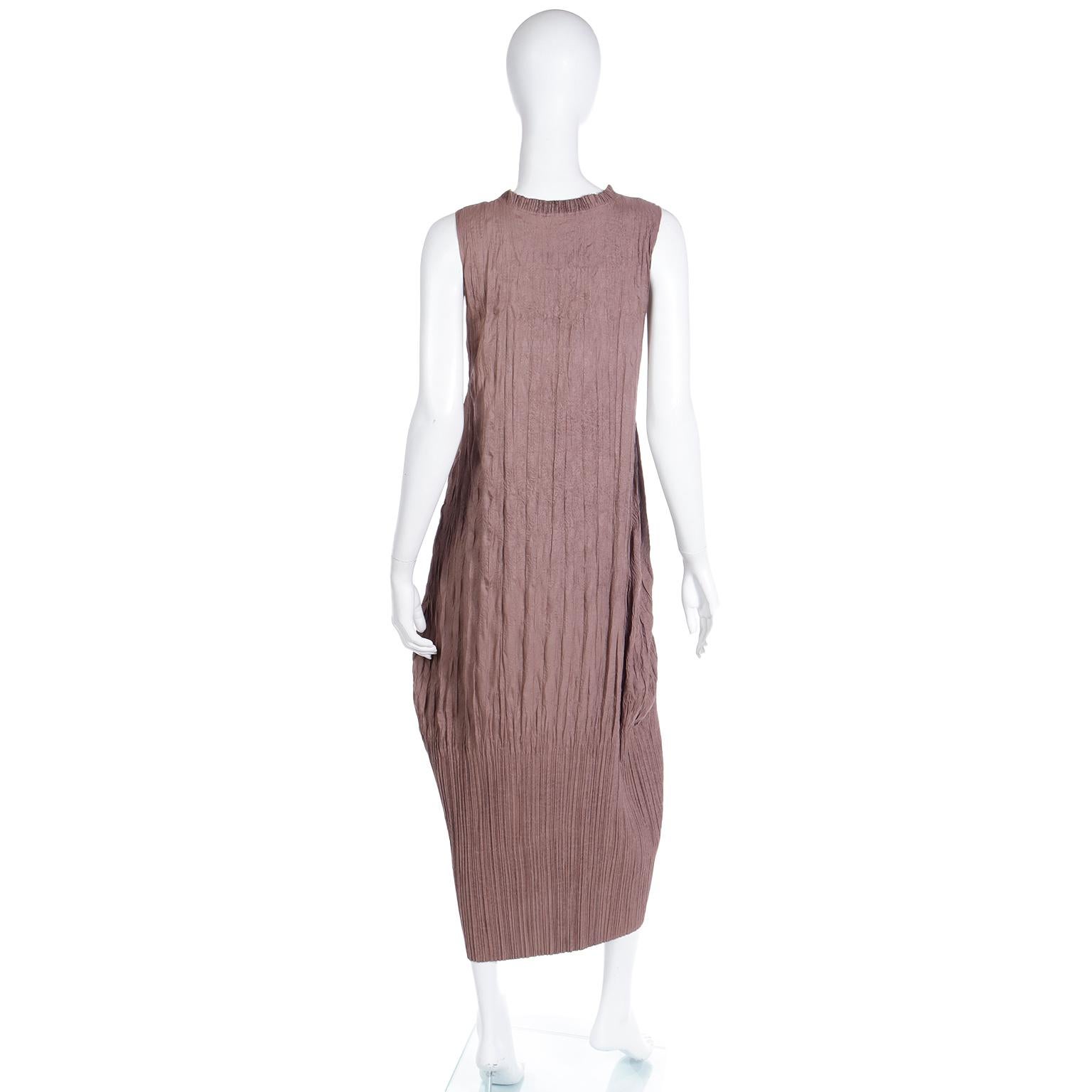 Vintage Issey Miyake Brown Crinkled Pleated Sleeveless Dress For Sale 3
