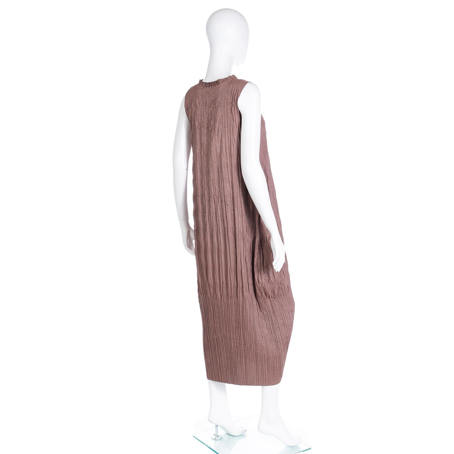 Vintage Issey Miyake Brown Crinkled Pleated Sleeveless Dress For Sale 4