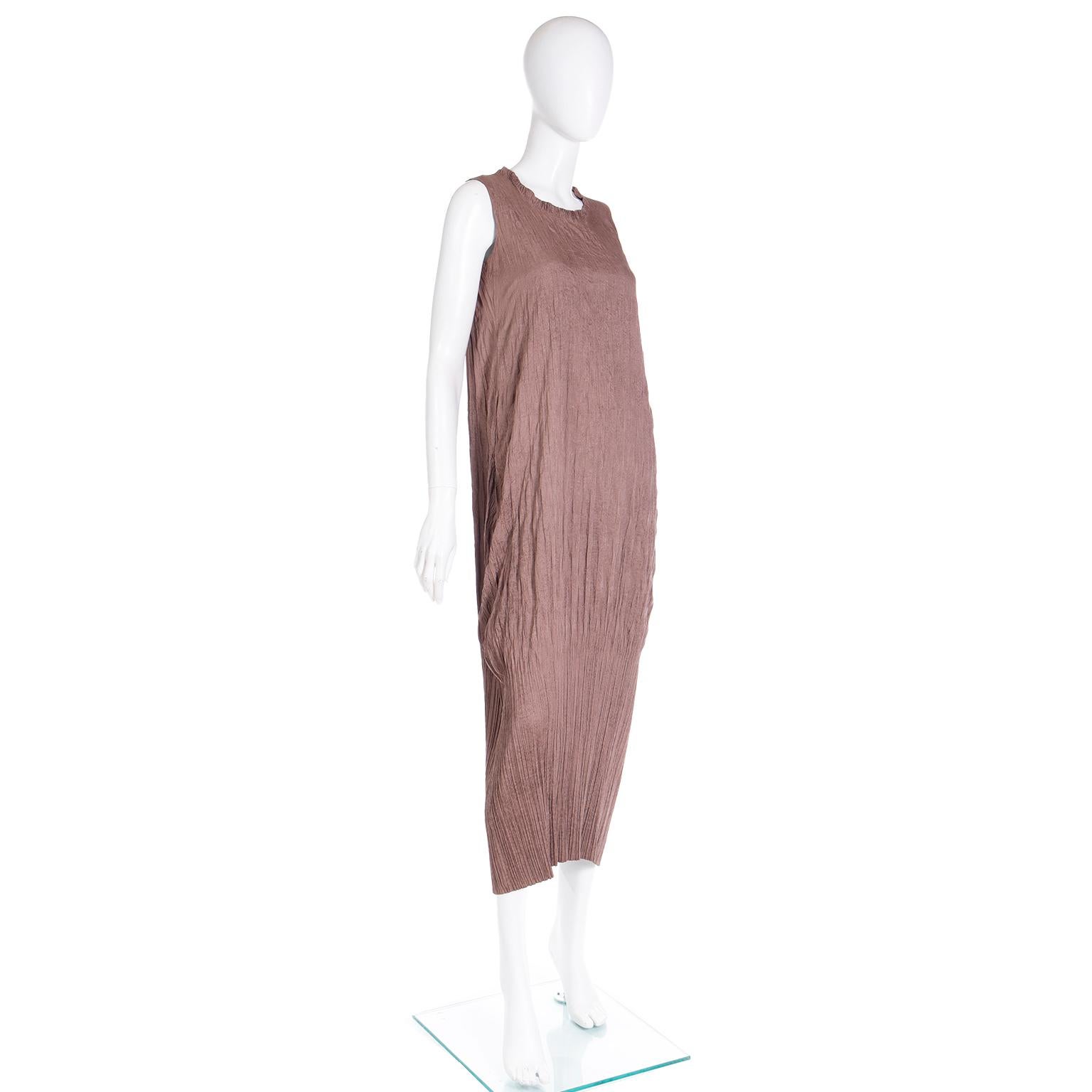 Vintage Issey Miyake Brown Crinkled Pleated Sleeveless Dress For Sale 5