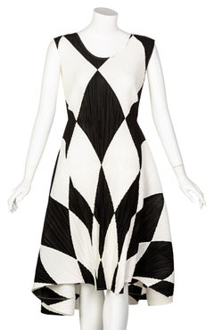 Vintage Issey Miyake Pleats Please Black and Ivory Harlequin Sculptural Dress