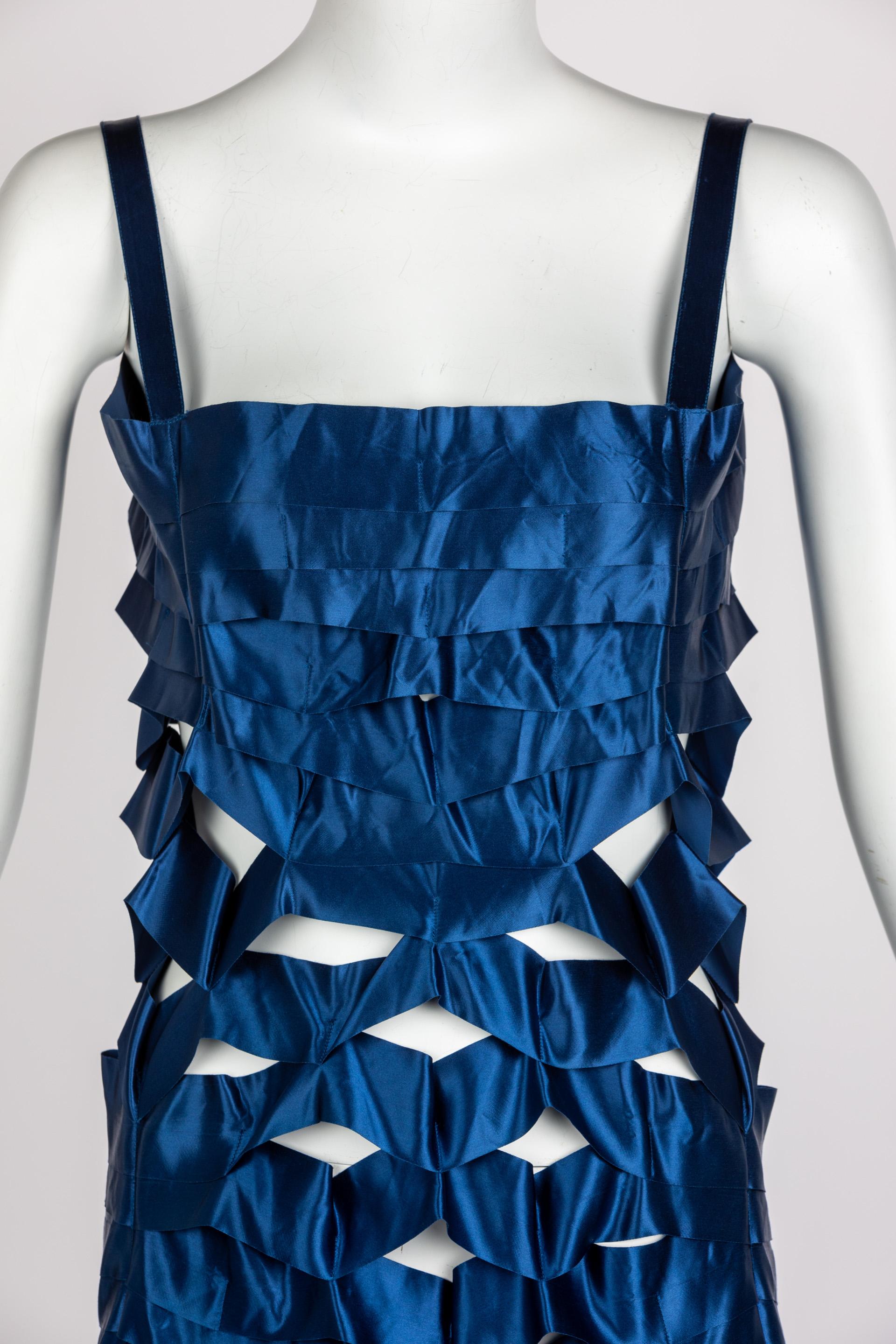  Vintage Issey Miyake Sapphire Blue Satin Ribbon Cage Dress, 1990s In Excellent Condition In Boca Raton, FL